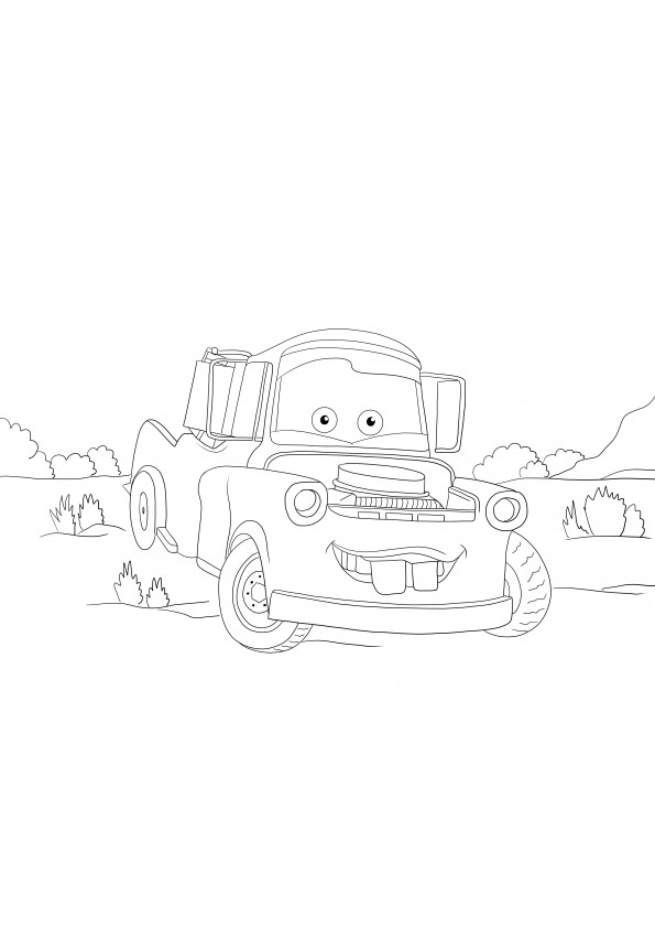 Tow mater from Cars 3 image is waiting to be colored as it is free to print or download