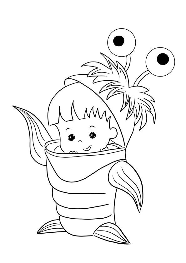A cute coloring page of little Boo in a Monster costume-free printable for coloring with fun