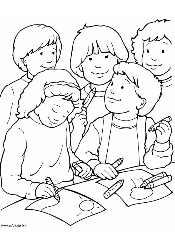 Three Friends Drawing Pictures coloring page