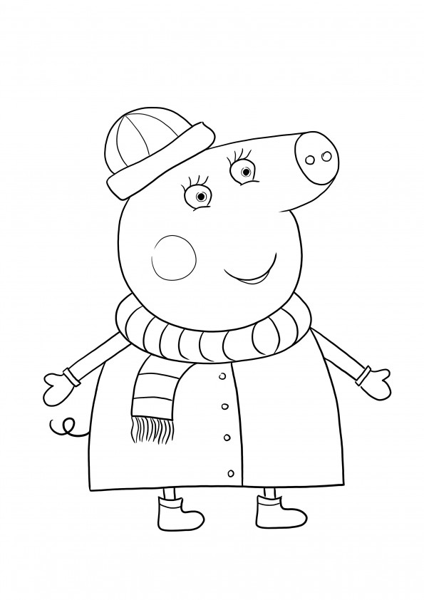 Peppa in winter clothes easy to color and print page for kids