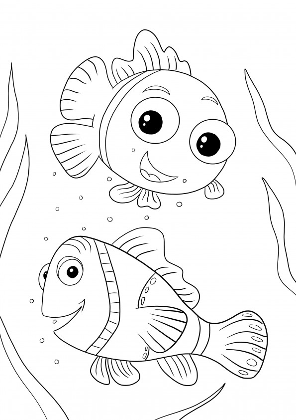 Here is a free printable of happy Nemo and his friend Dory easy to download and color