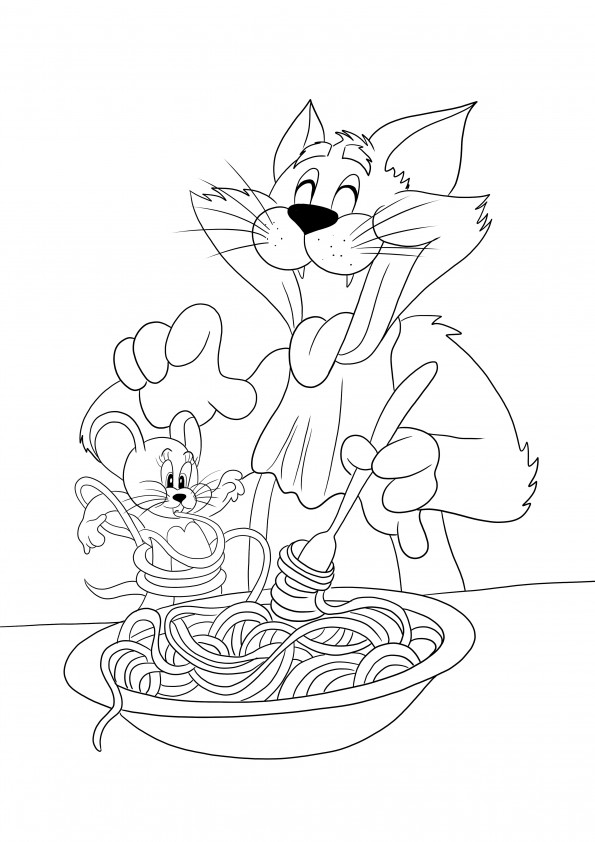 Tom is eating noodles and Jerry-a funny printable ready for coloring