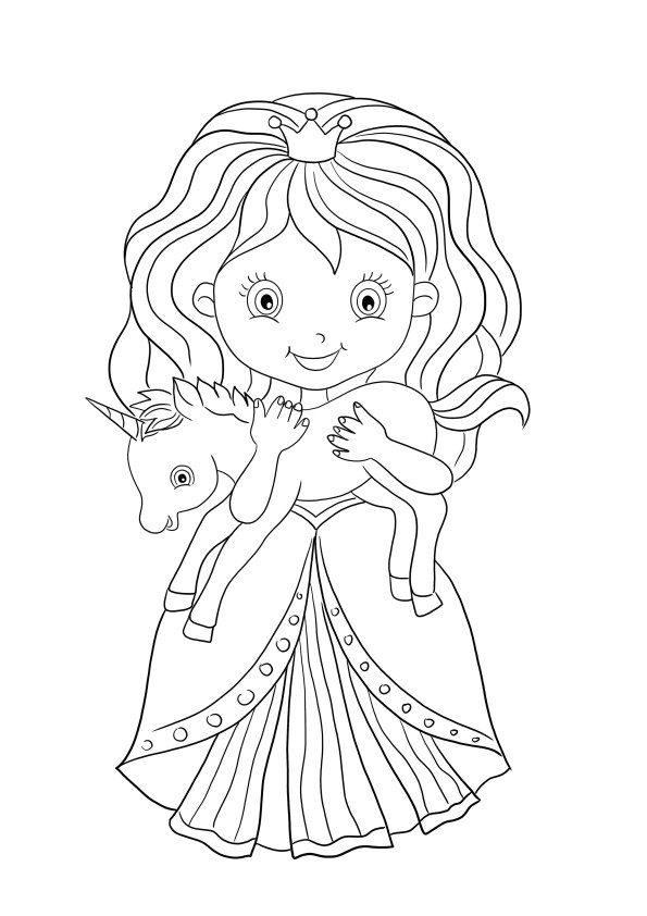 A unicorn toy and princess coloring page free to download and print