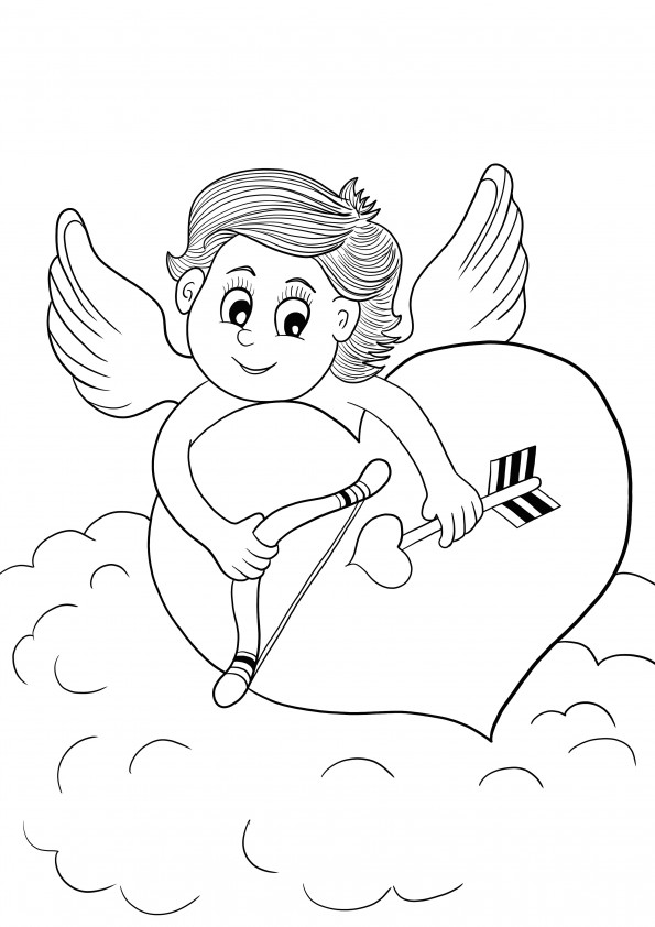 Cupidon holding a heart to print for free and color