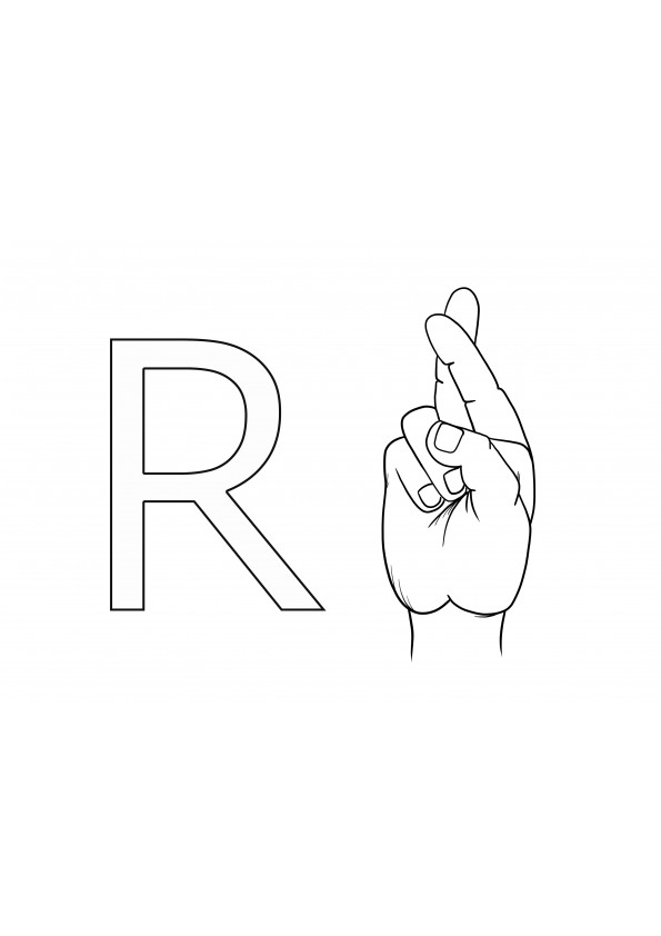 ASL letter R for free printing and coloring picture