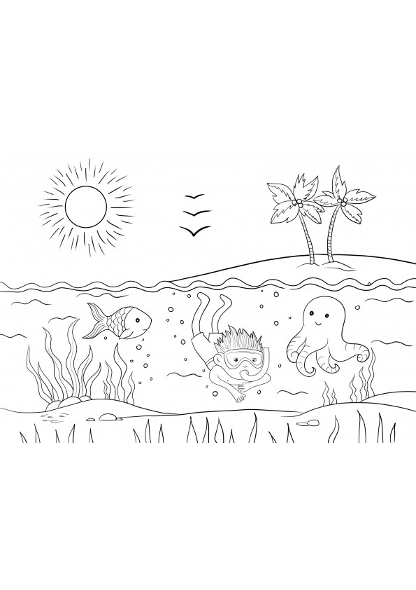 Tropical beach coloring page for free printing
