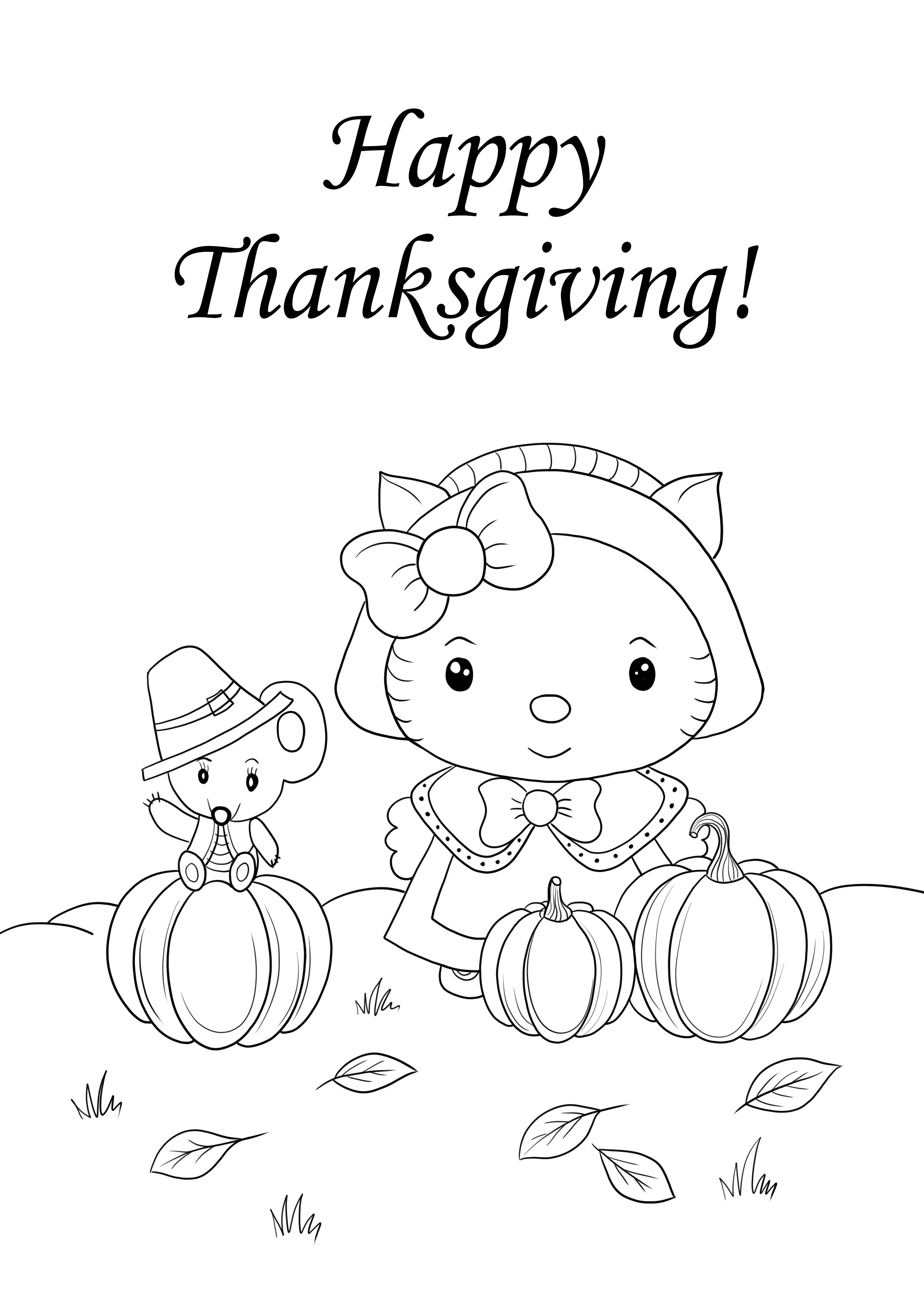 Hello Kitty en Happy Thanksgiving-foto's om af te drukken en kleurloos kleurplaat