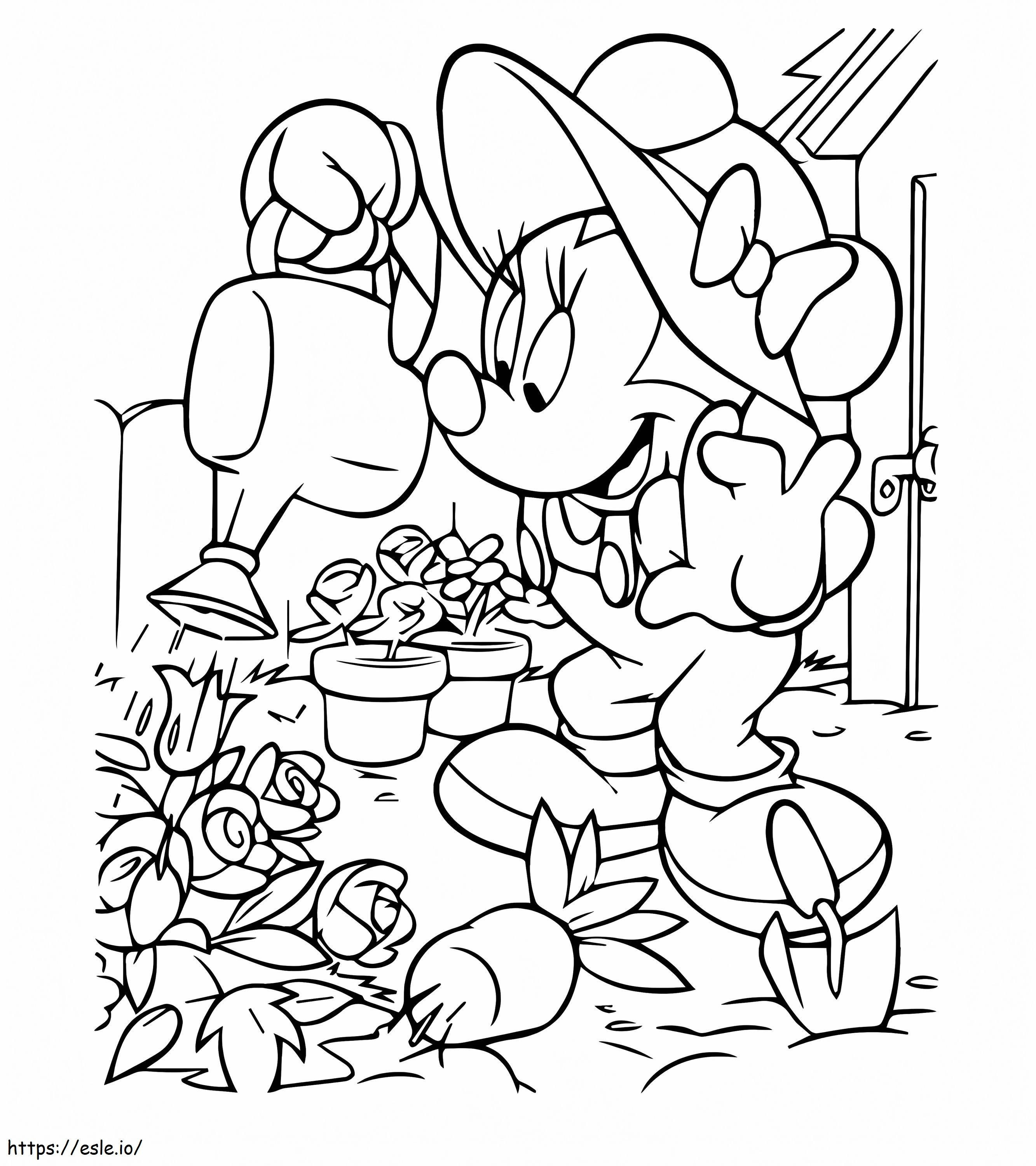 Minnie Mouse regando las plantas para colorear