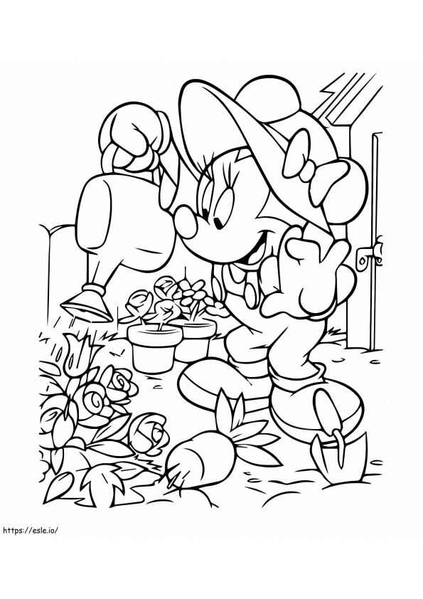 Minnie Mouse regando as plantas para colorir