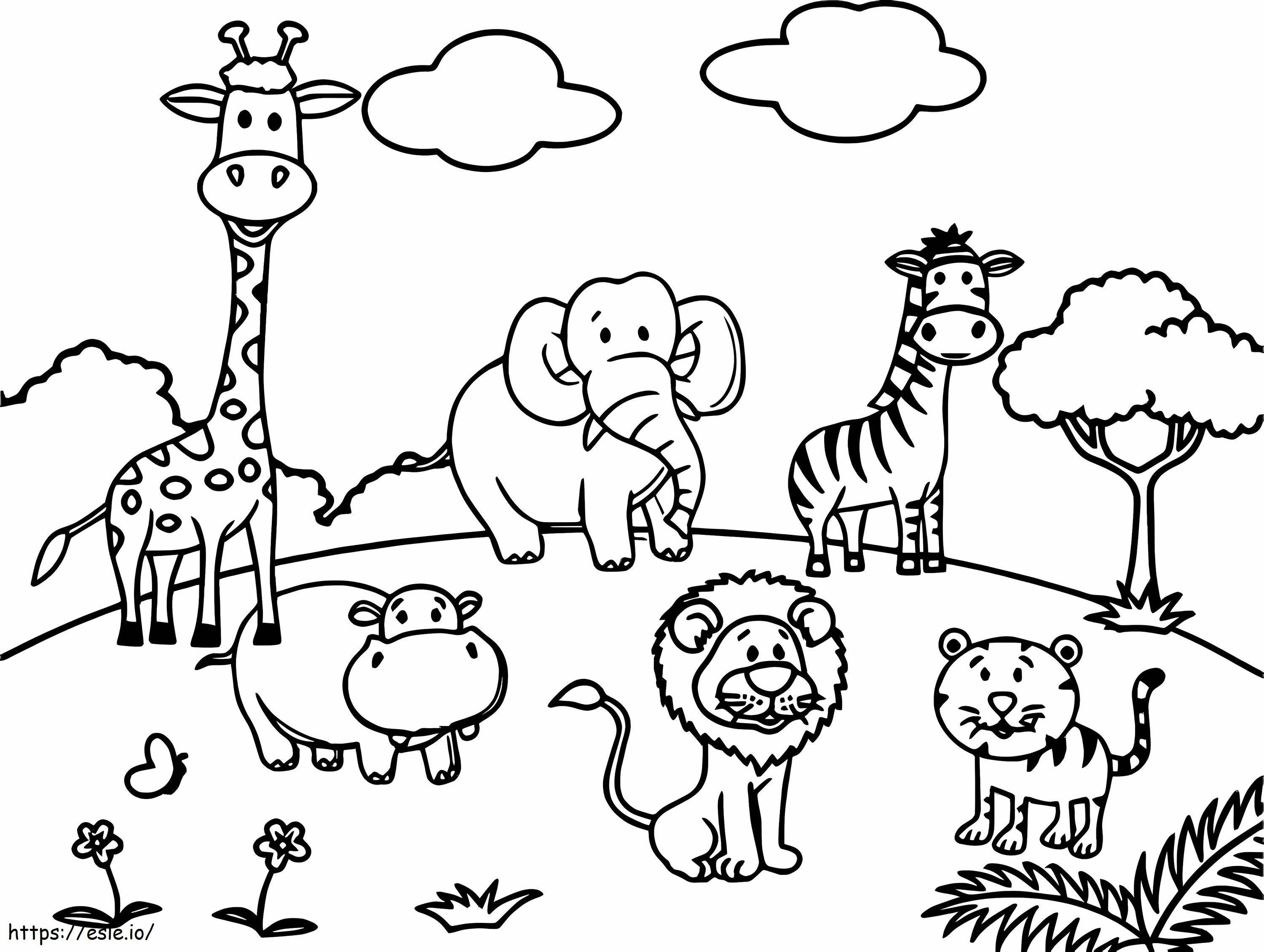 Seis animales en el zoológico para colorear