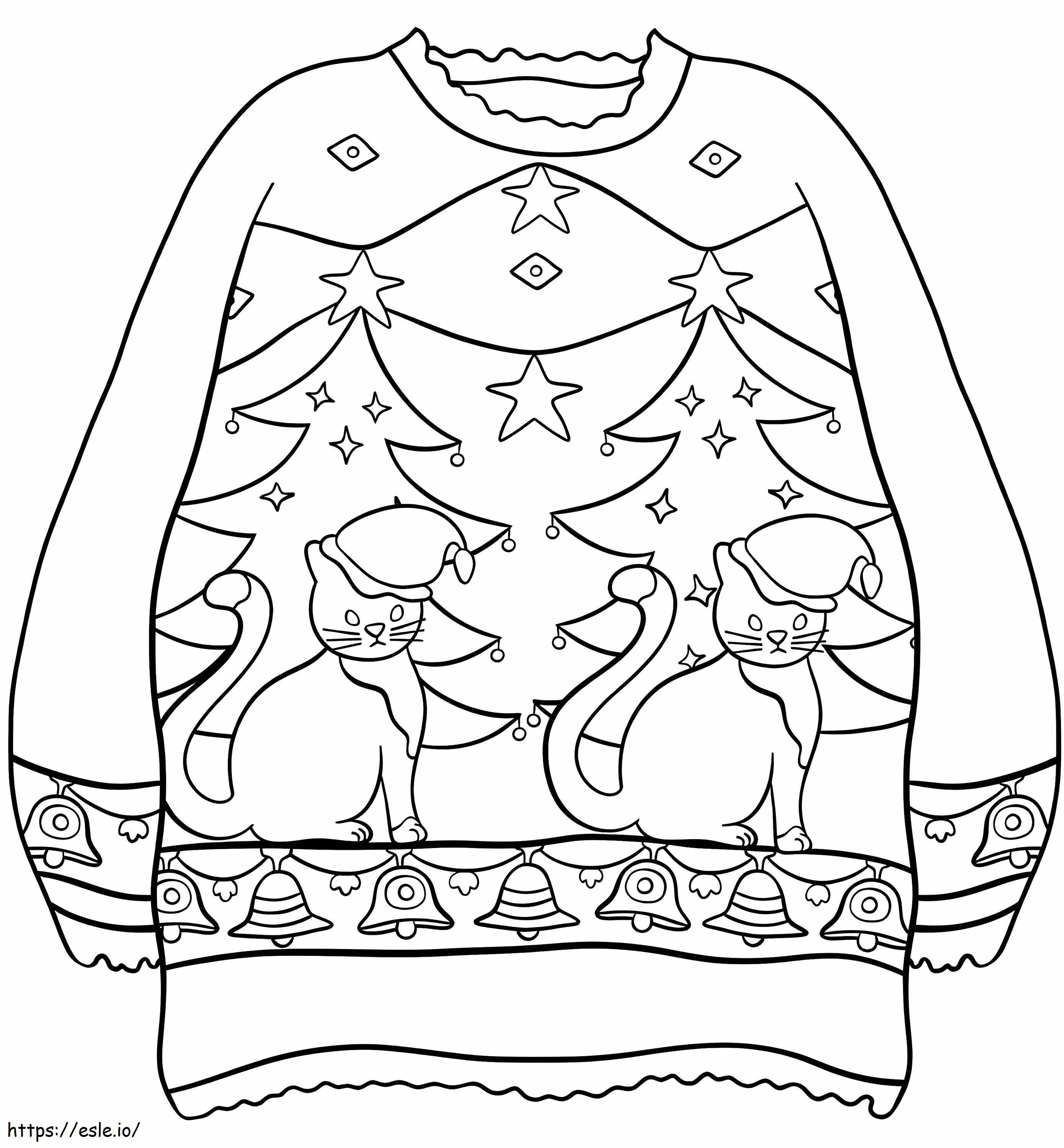 猫とクリスマスツリーのセーター ぬりえ - 塗り絵