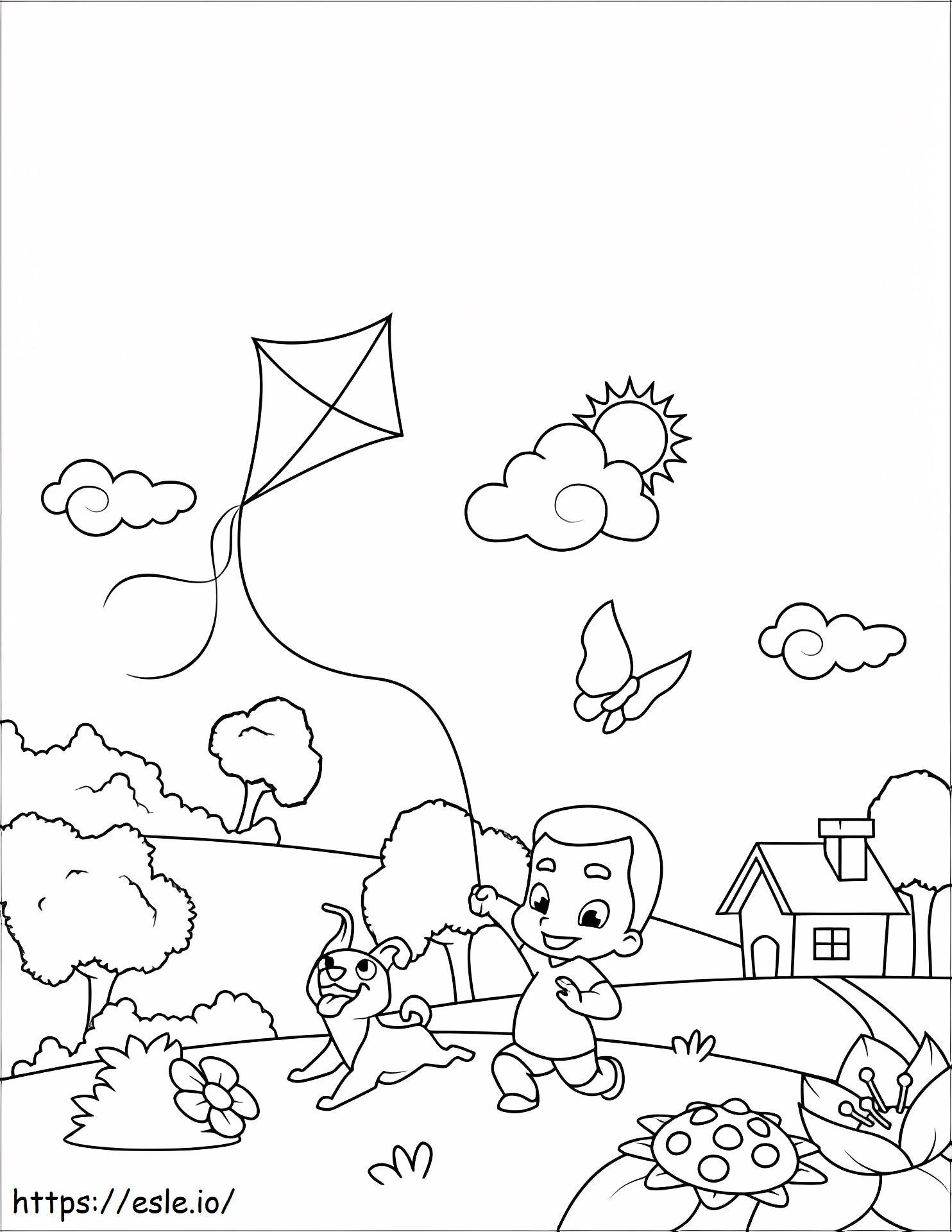 1533009802 Little Boy Flying A Kite A4 coloring page