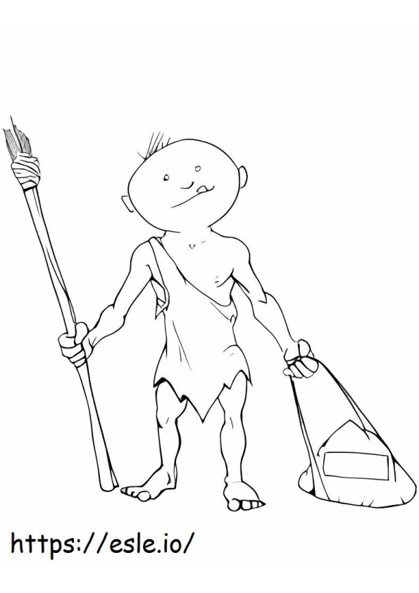 Homem das cavernas dos desenhos animados com tocha e pedra para colorir