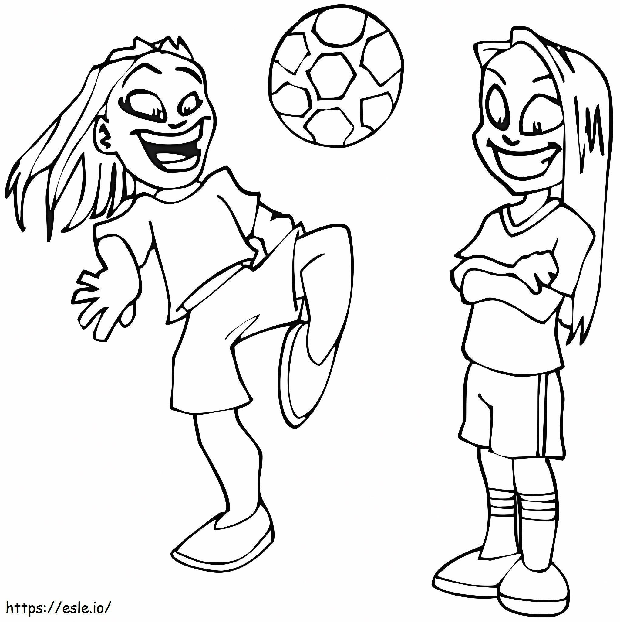 Kaksi tyttöä pelaamassa jalkapalloa värityskuva