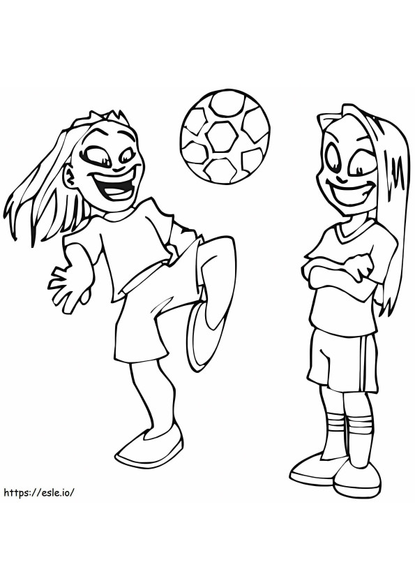 Duas garotas jogando futebol para colorir