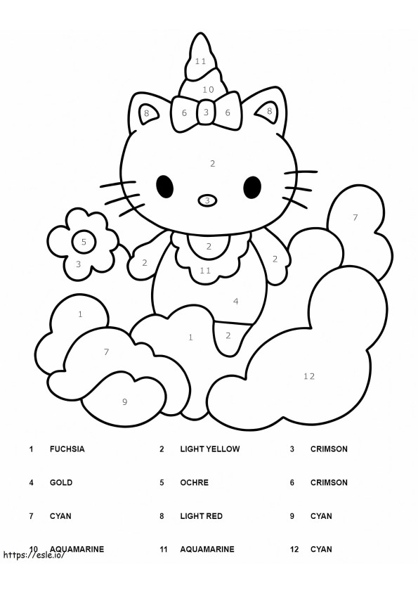 Unicórnio Hello Kitty cor por número para colorir
