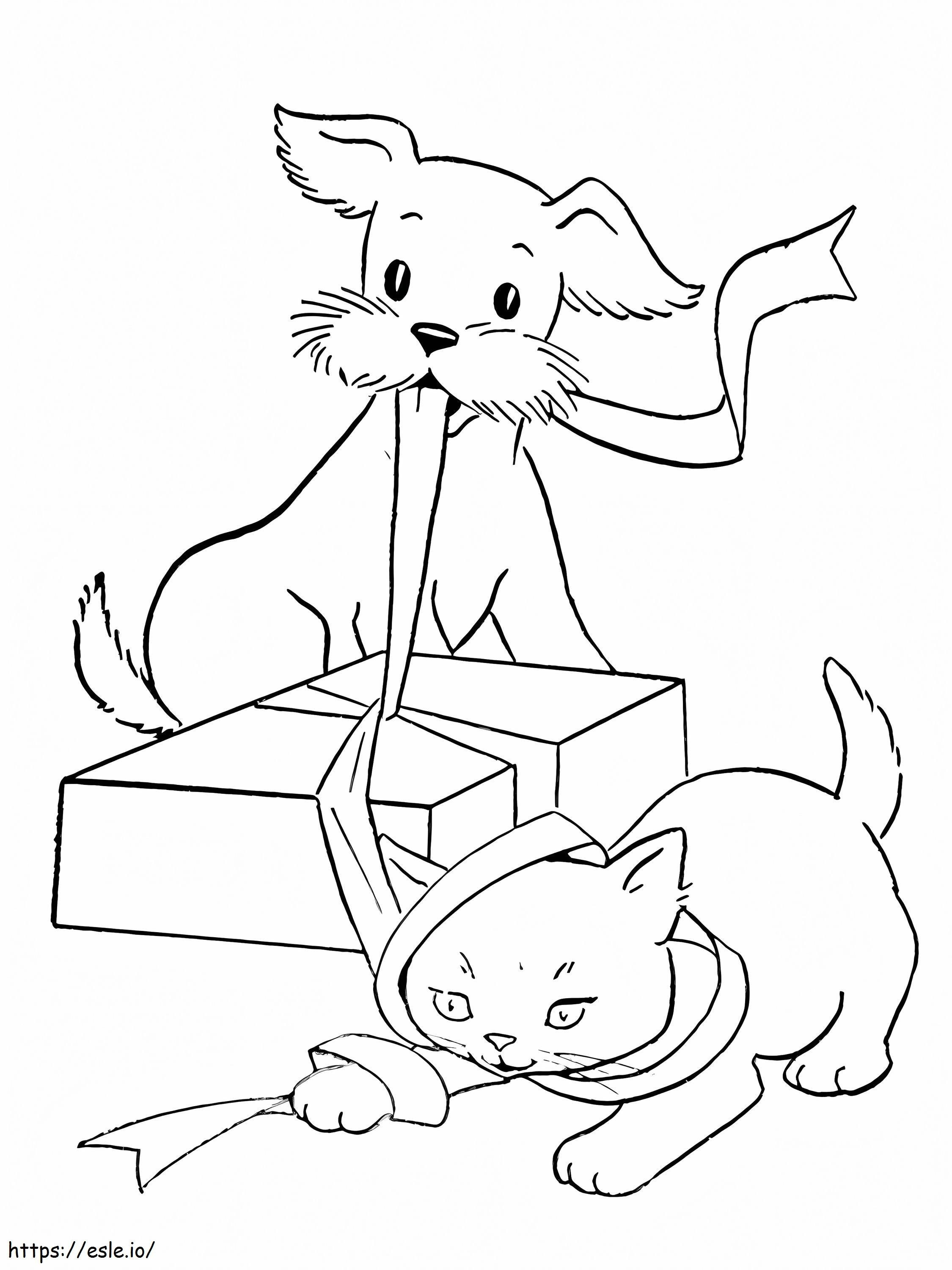 Hond En Kat Met Een Cadeau kleurplaat kleurplaat