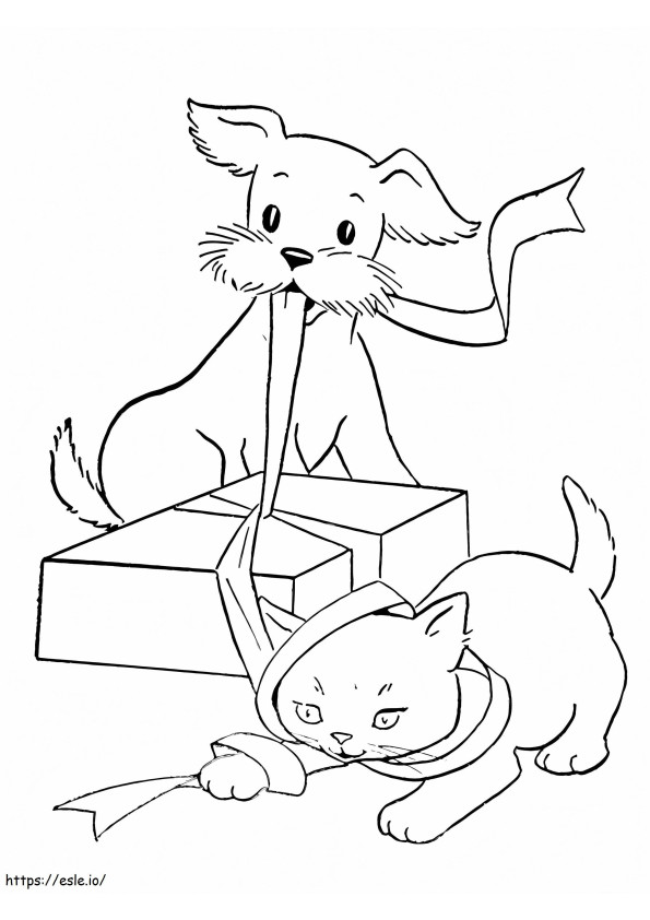 Coloriage Chien et chat avec un cadeau à imprimer dessin