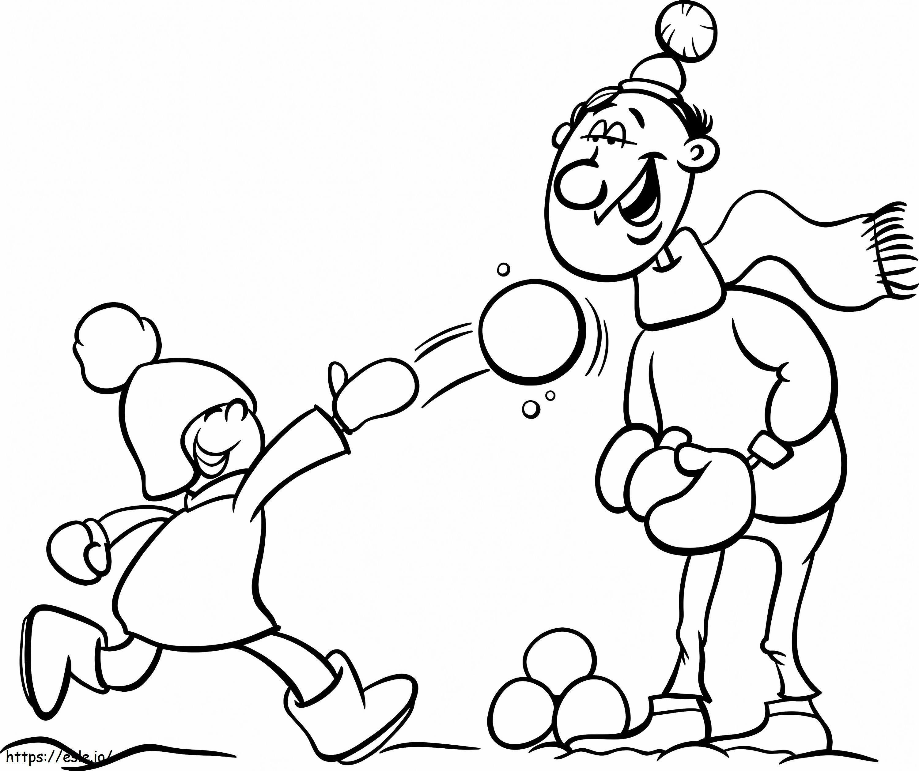Coloriage Bataille de boules de neige avec papa à imprimer dessin