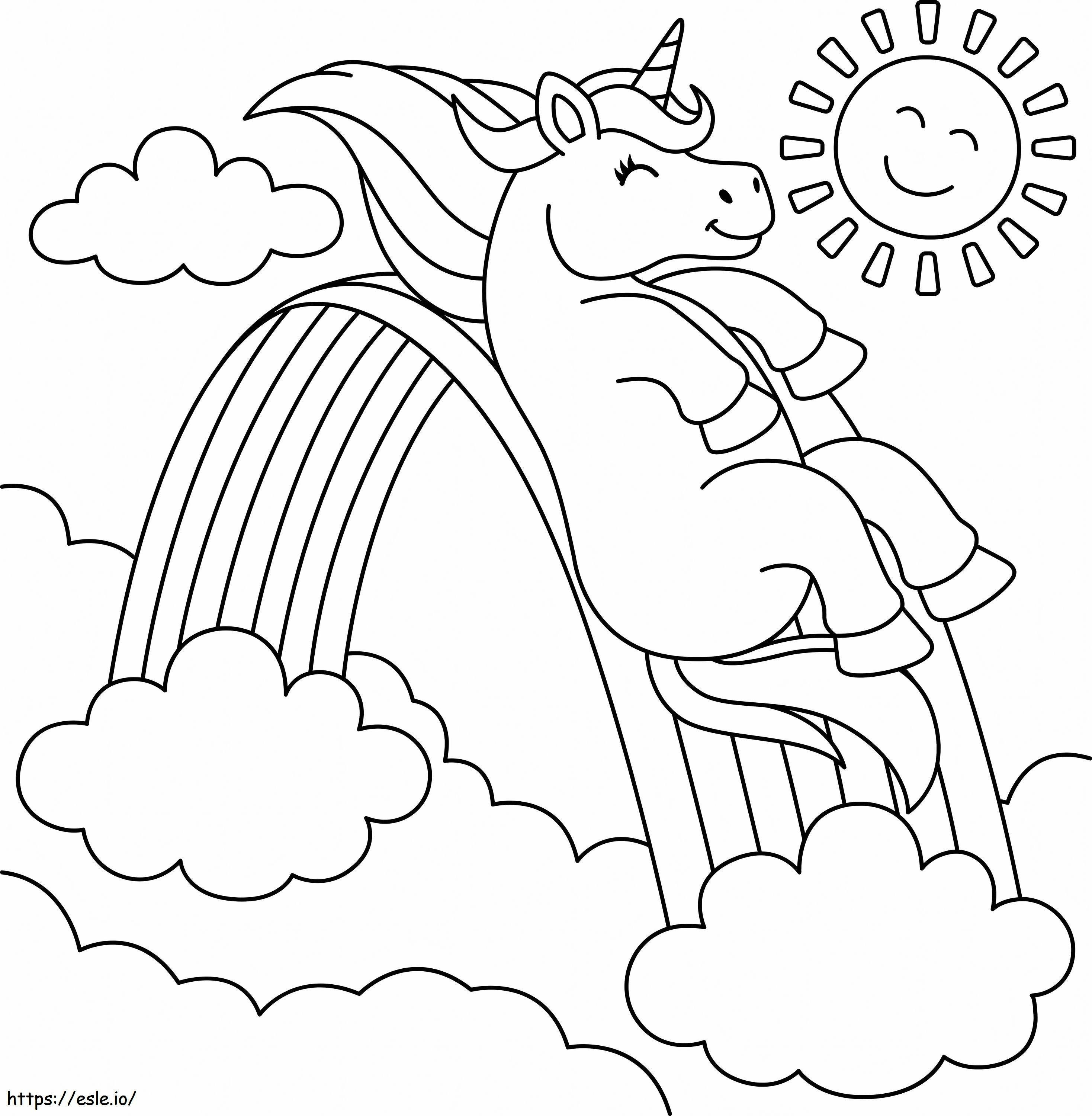 Coloriage Licorne glissant sur l'arc-en-ciel à imprimer dessin