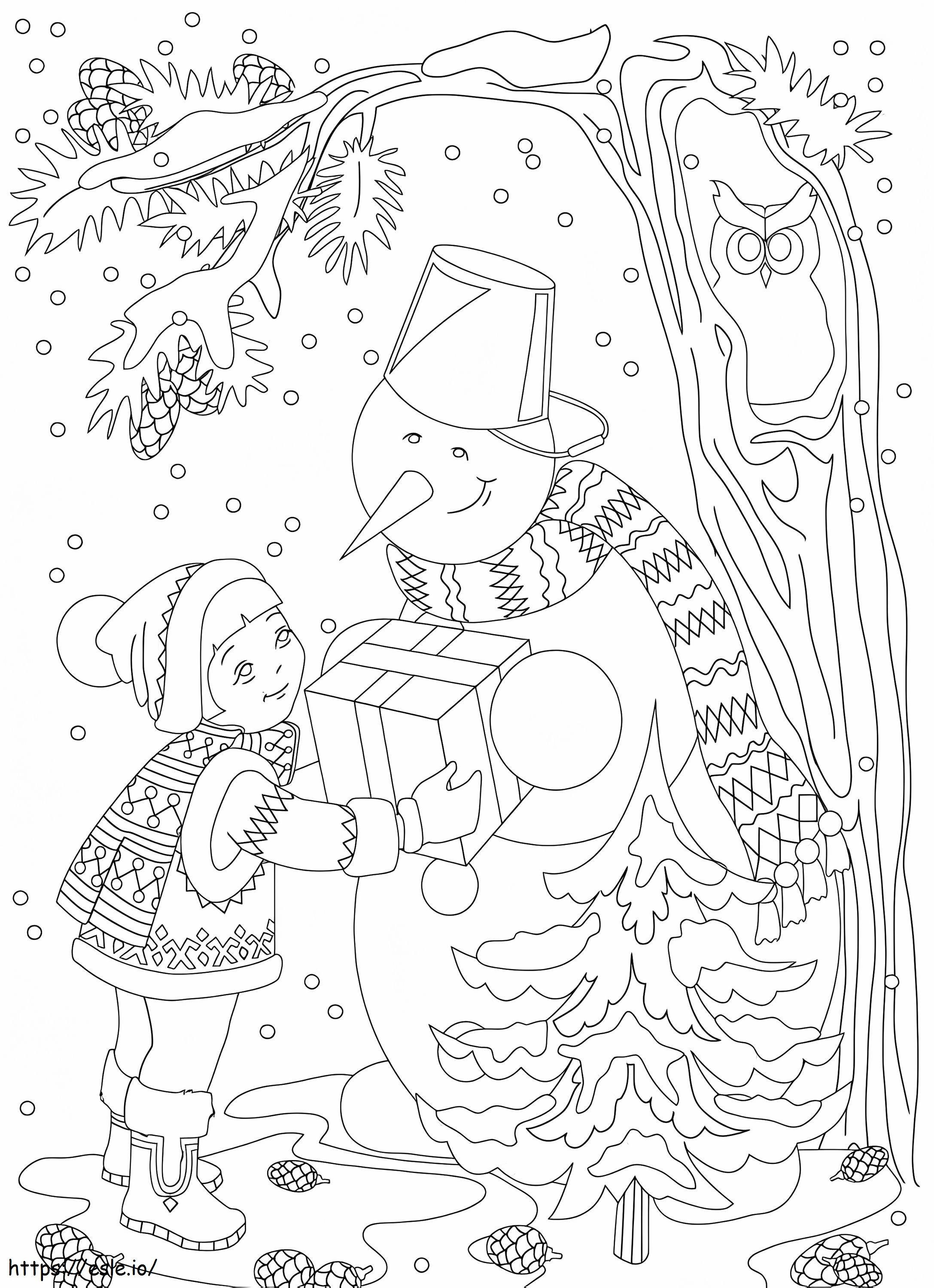 Little Girl With Snowman coloring page