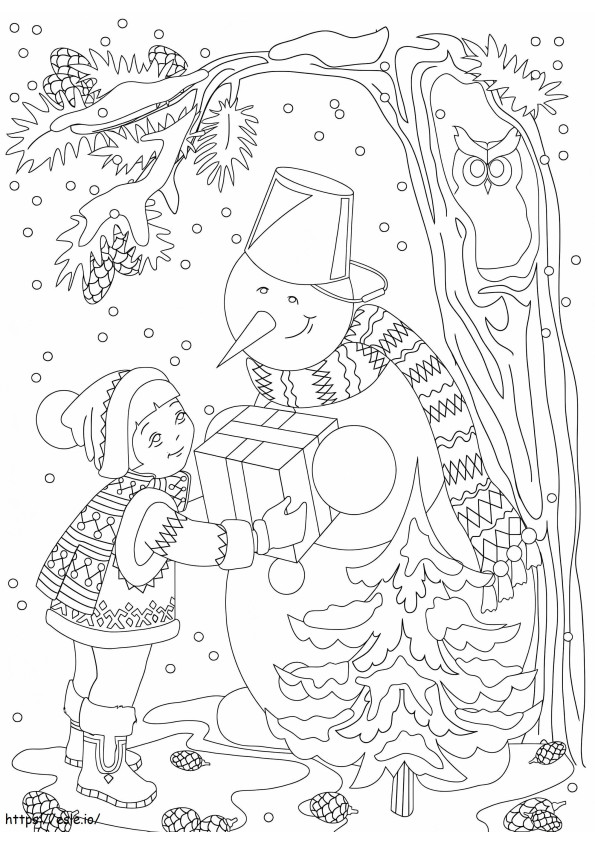 menina com boneco de neve para colorir