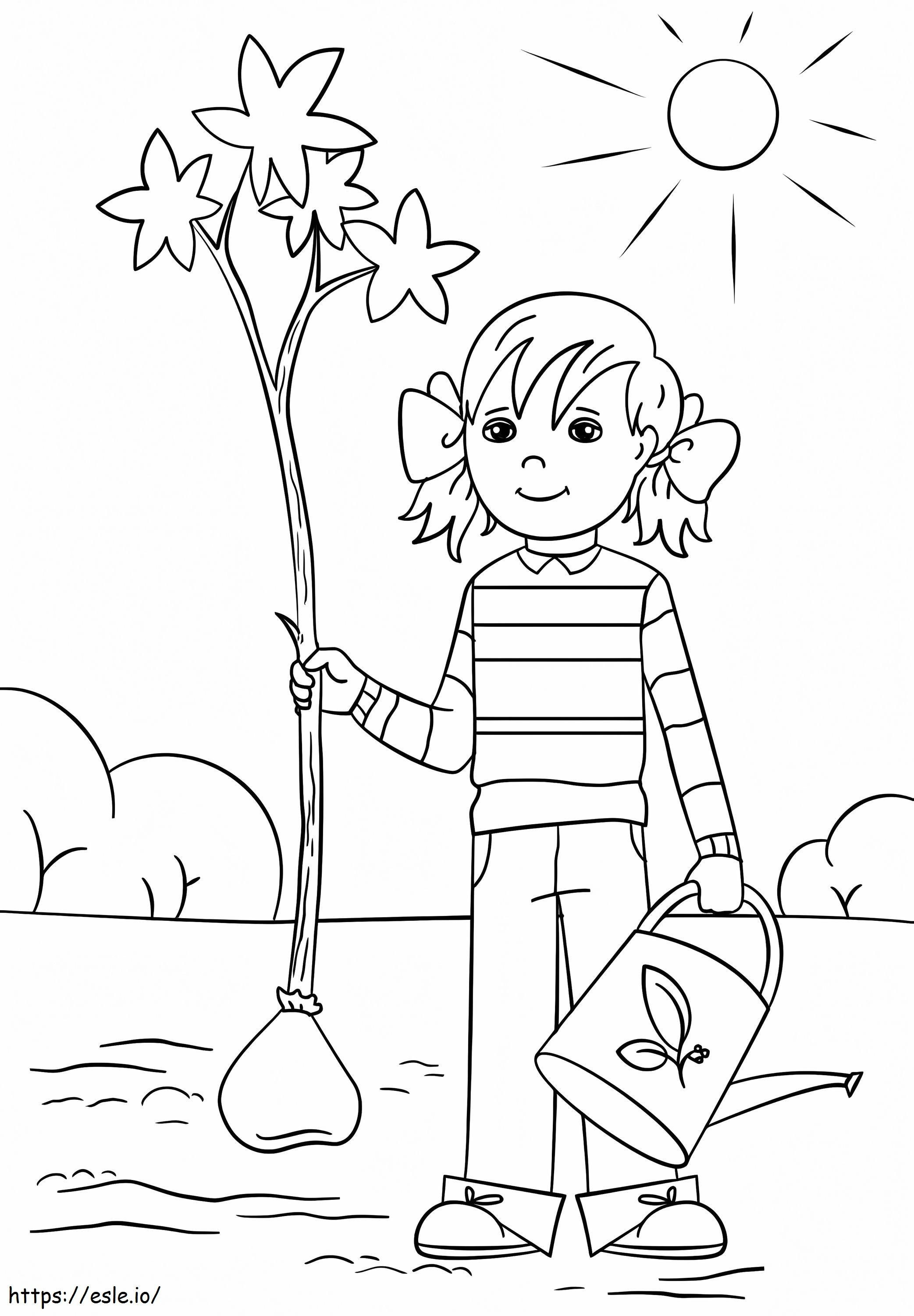 Garota no dia da árvore para colorir