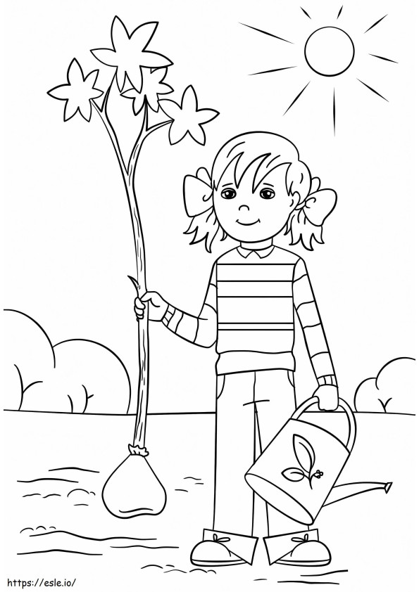 Garota no dia da árvore para colorir