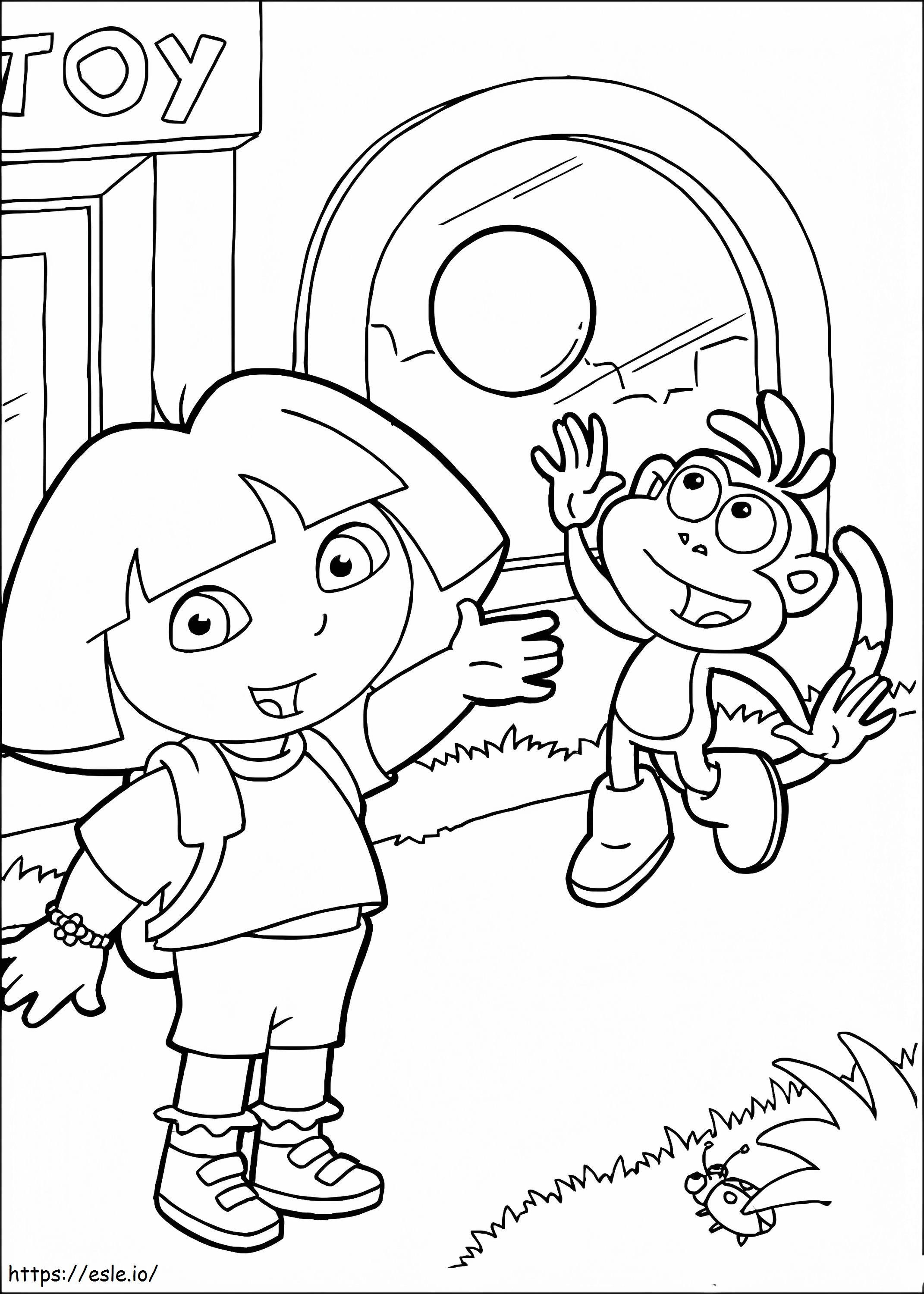 Freundliche Dora und Stiefel zum Ausmalen und Ausdrucken