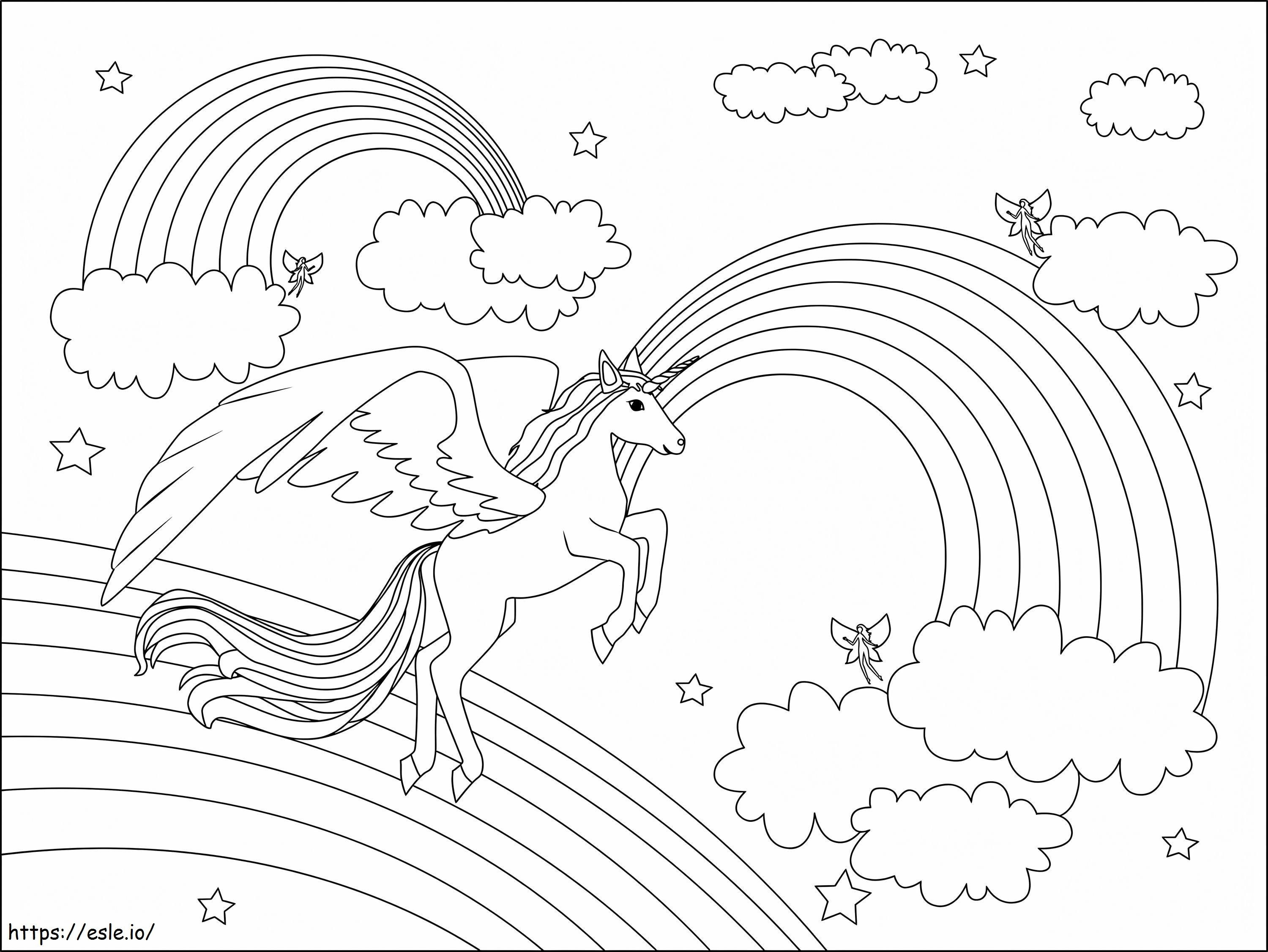Unicorn With Three Rainbows And Clouds coloring page