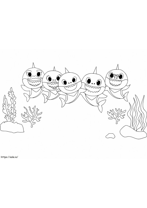 Famiglia di piccoli squali con coralli da colorare