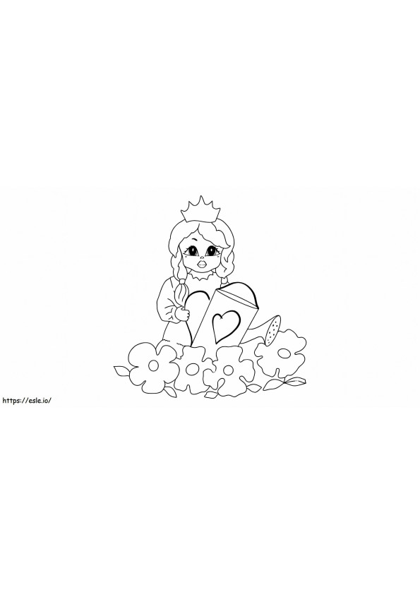 Piirrä prinsessa persikka kastelee kasveja värityskuva
