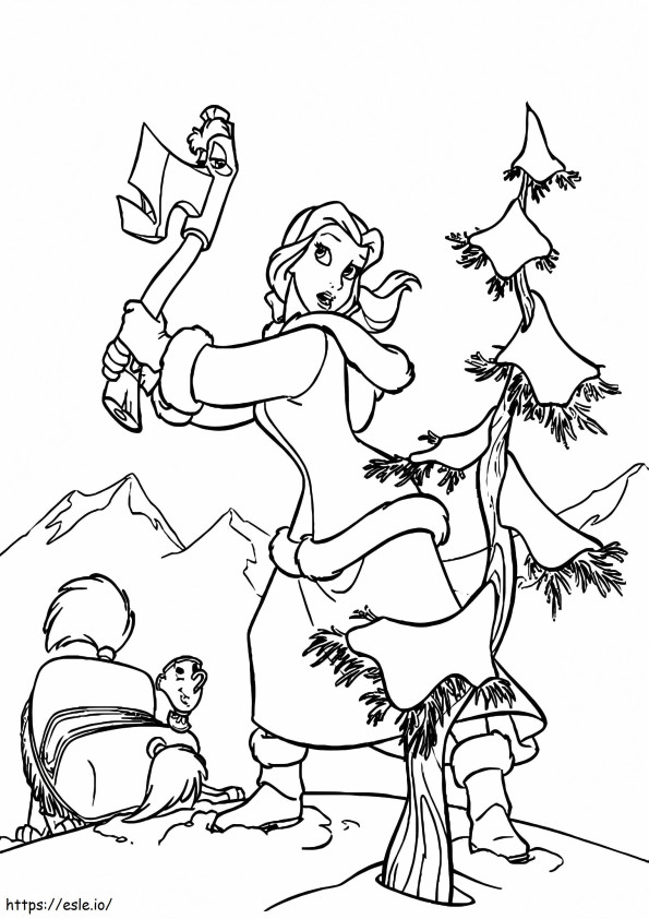 Belle Cutting Down The Christmas Tree coloring page