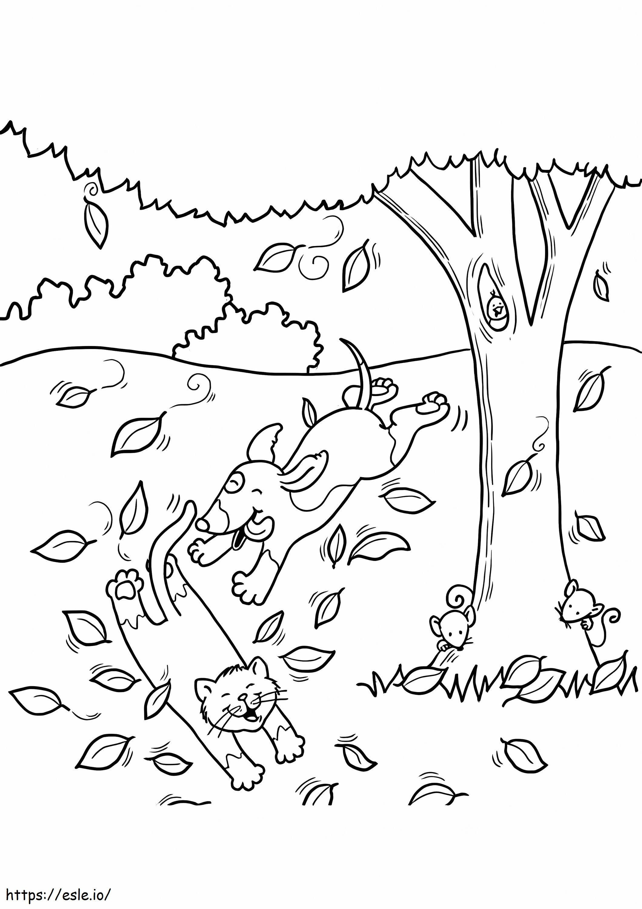 Funny Dog And Cat In Autumn coloring page