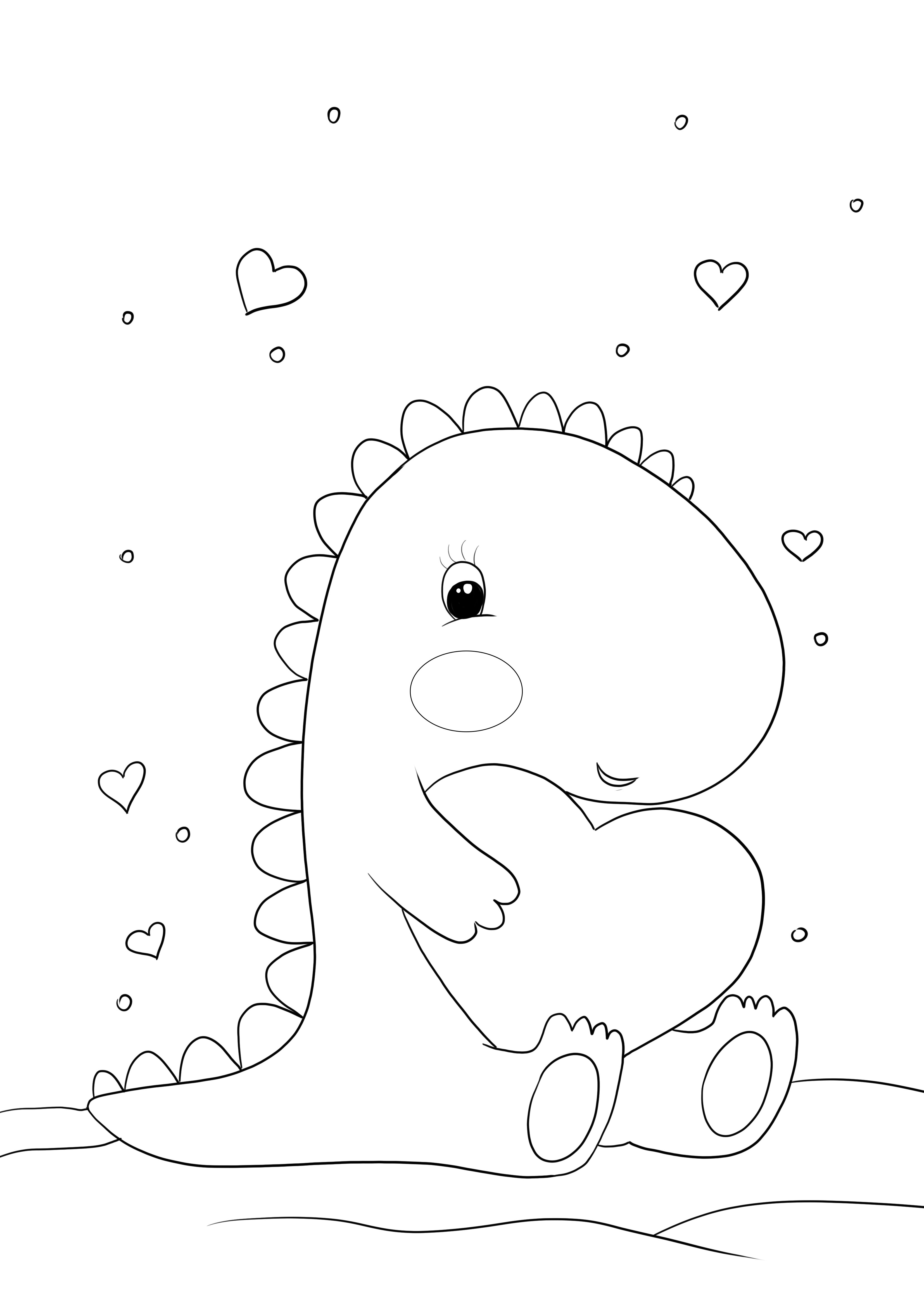 Dinossauro kawaii com coração para imprimir e colorir grátis para página infantil