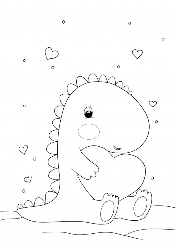 Kawaii dinosaur with a heart to print and color free for kids page