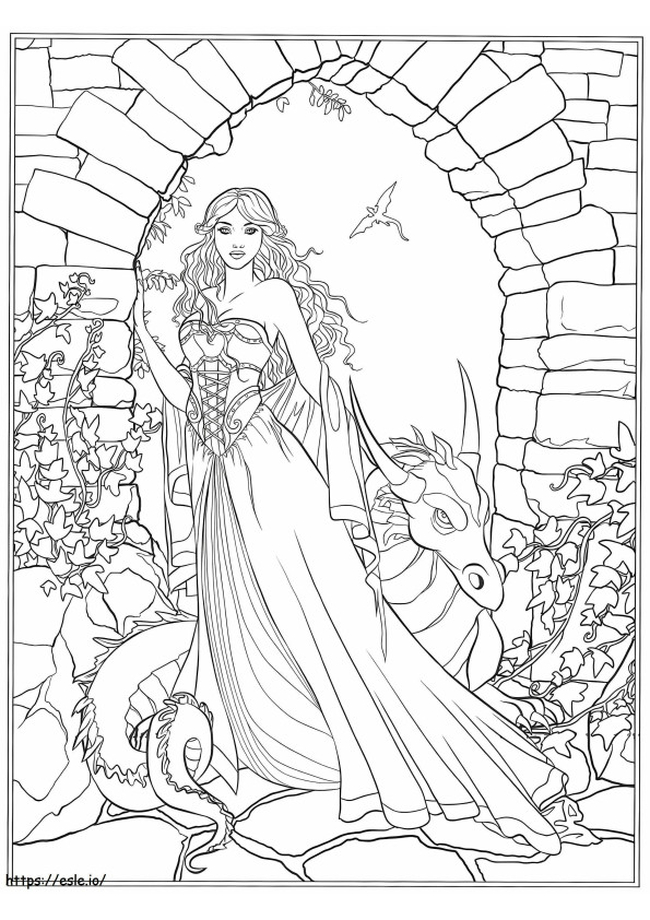 Lady And Dragon Fantasy coloring page