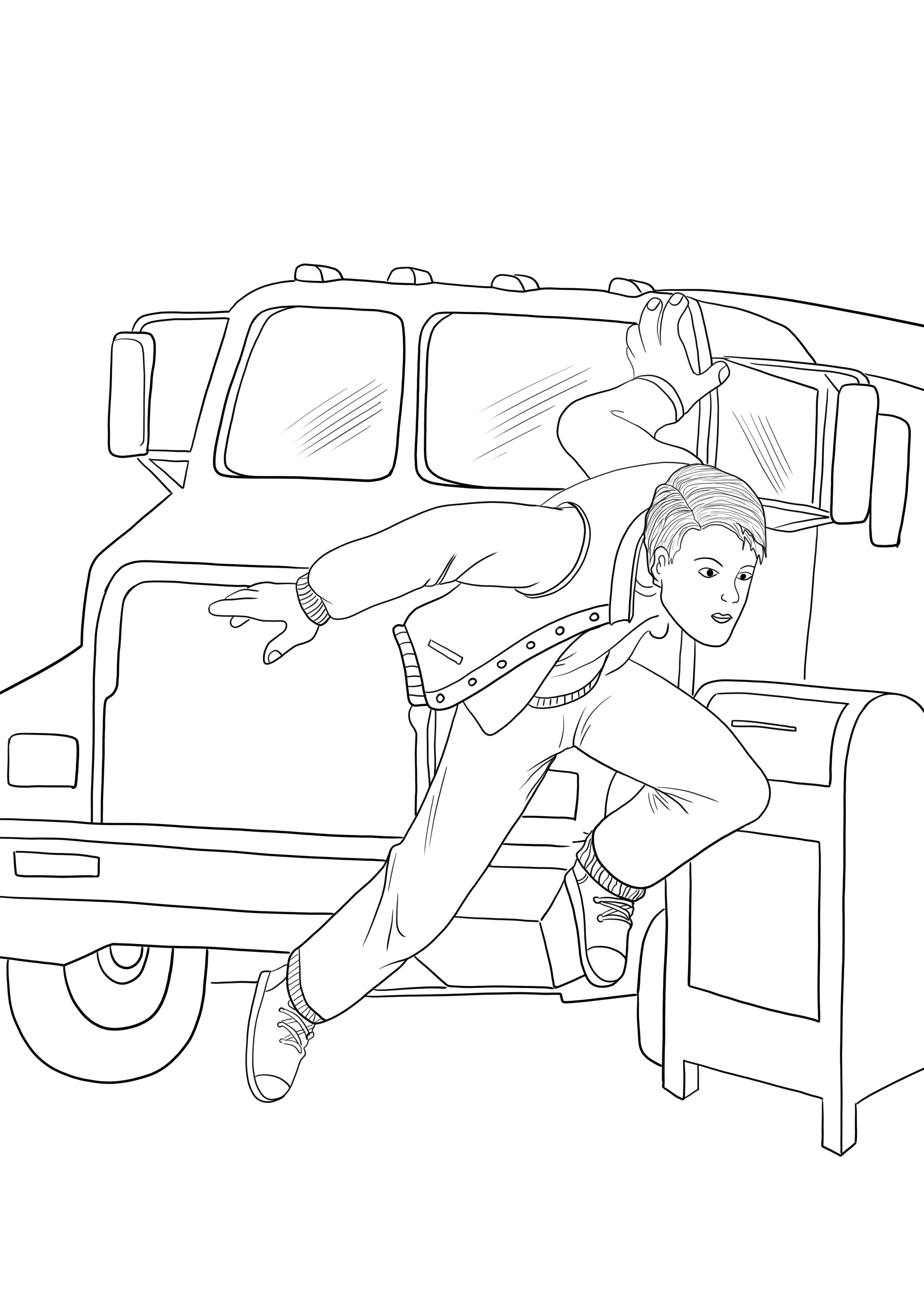 Łatwy do pokolorowania obraz Spidermana skaczącego z samochodu bez samochodu do wydrukowania