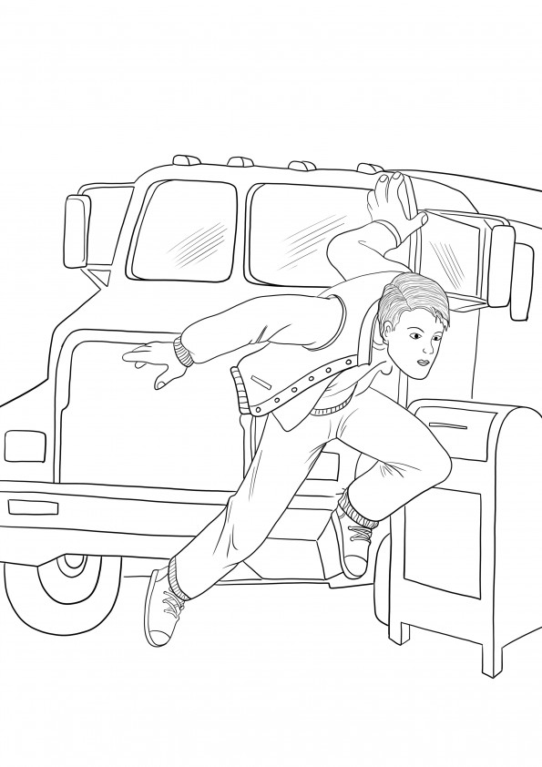 Easy to color image of Spiderman jumping from the car-free to print