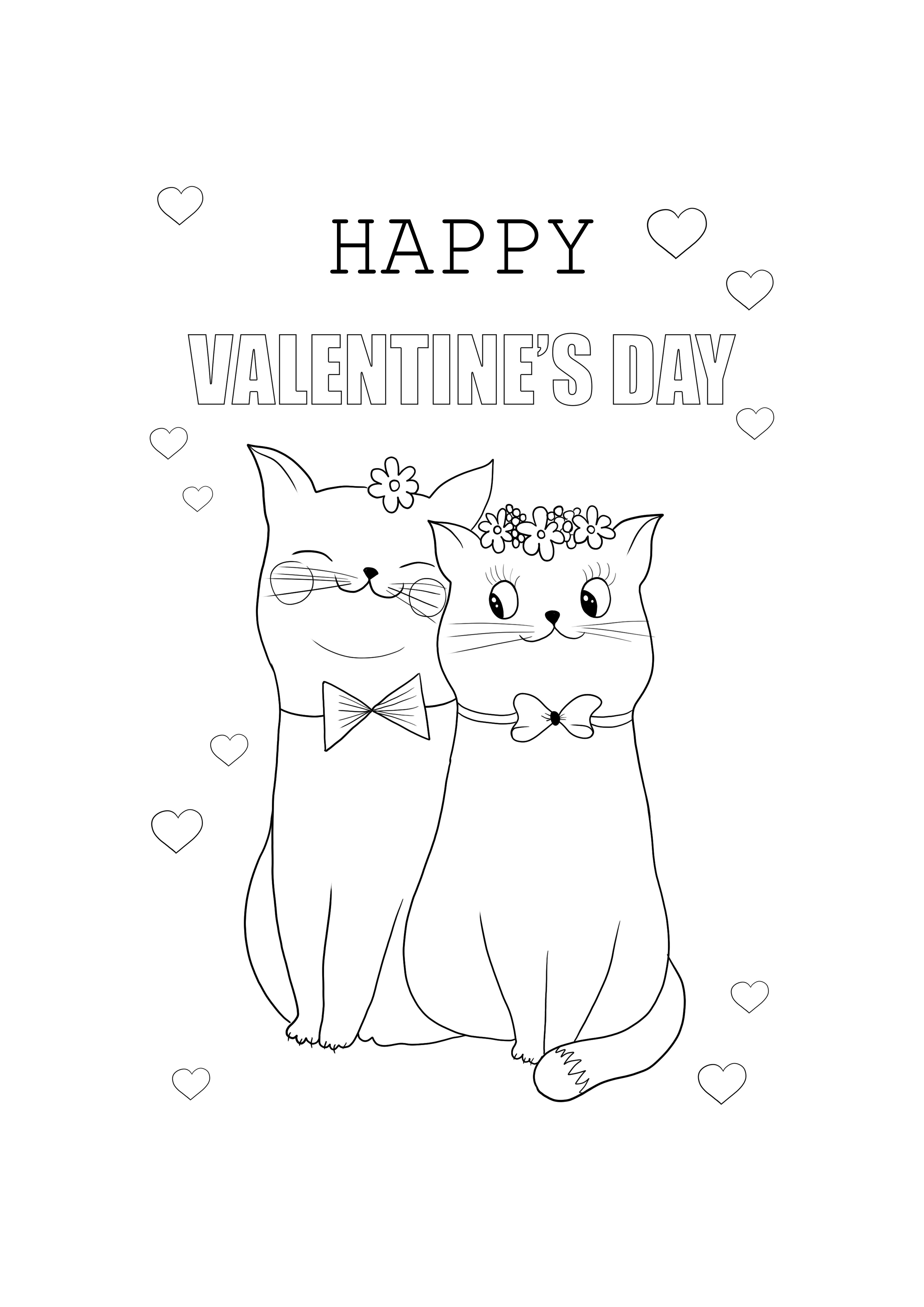 Kartu kucing lucu Selamat Hari Valentine untuk diwarnai dan diunduh secara gratis