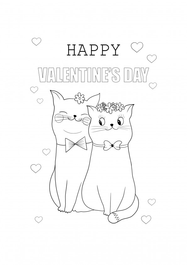 Carte Happy Valentine's Day - chats mignons à colorier et à télécharger gratuitement