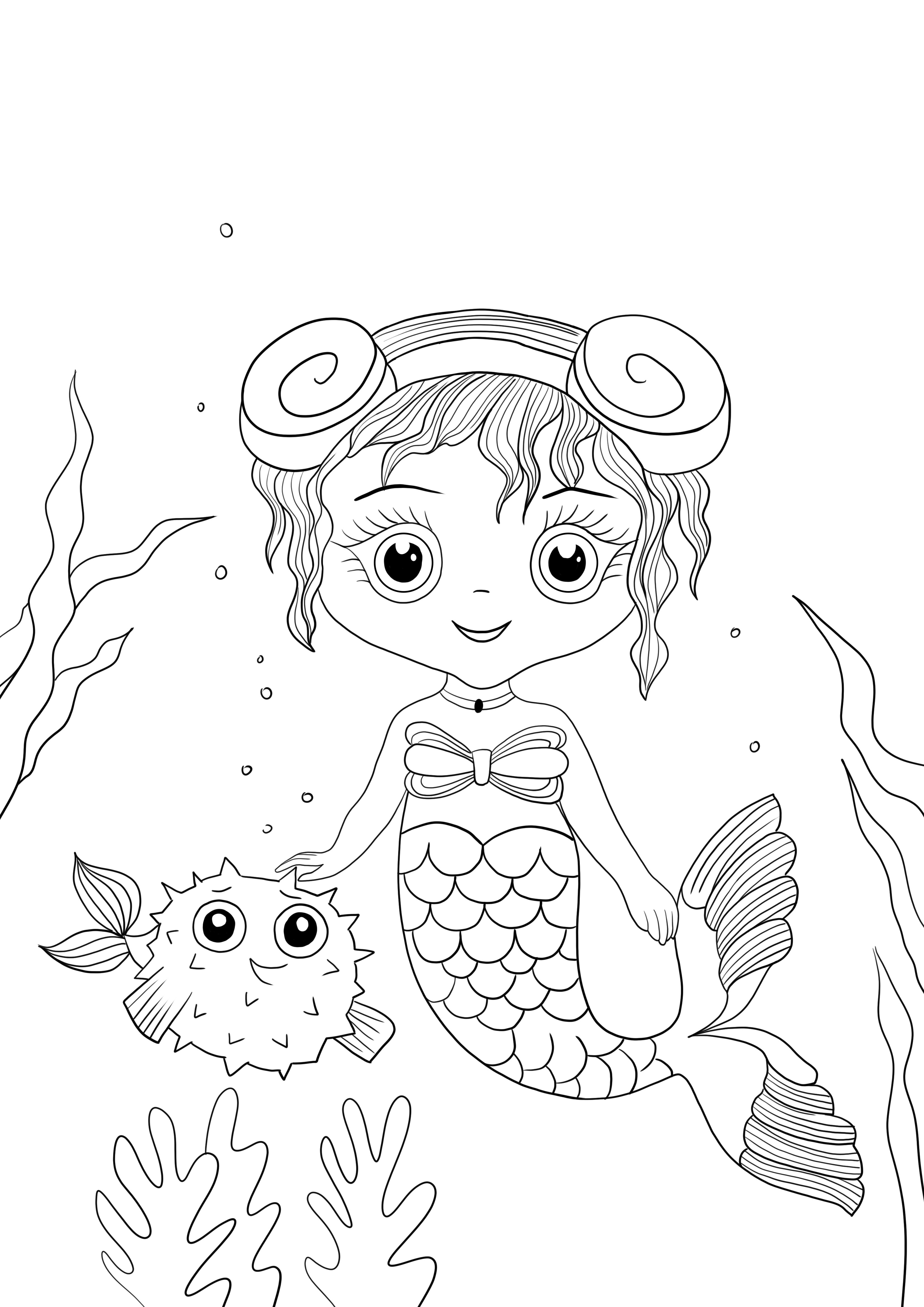 Baby zeemeermin en haar vis kleurplaat om gratis te printen kleurplaat