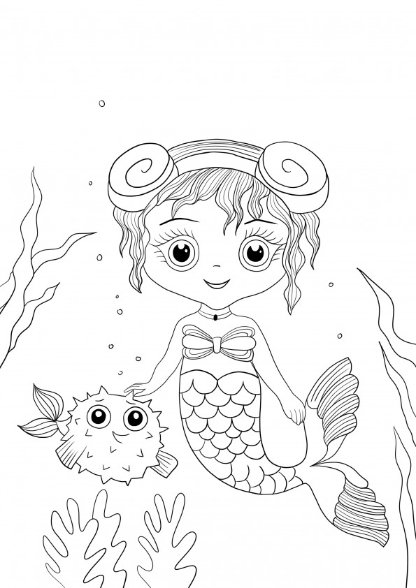 Baby mermaid and her fish coloring image for free printing