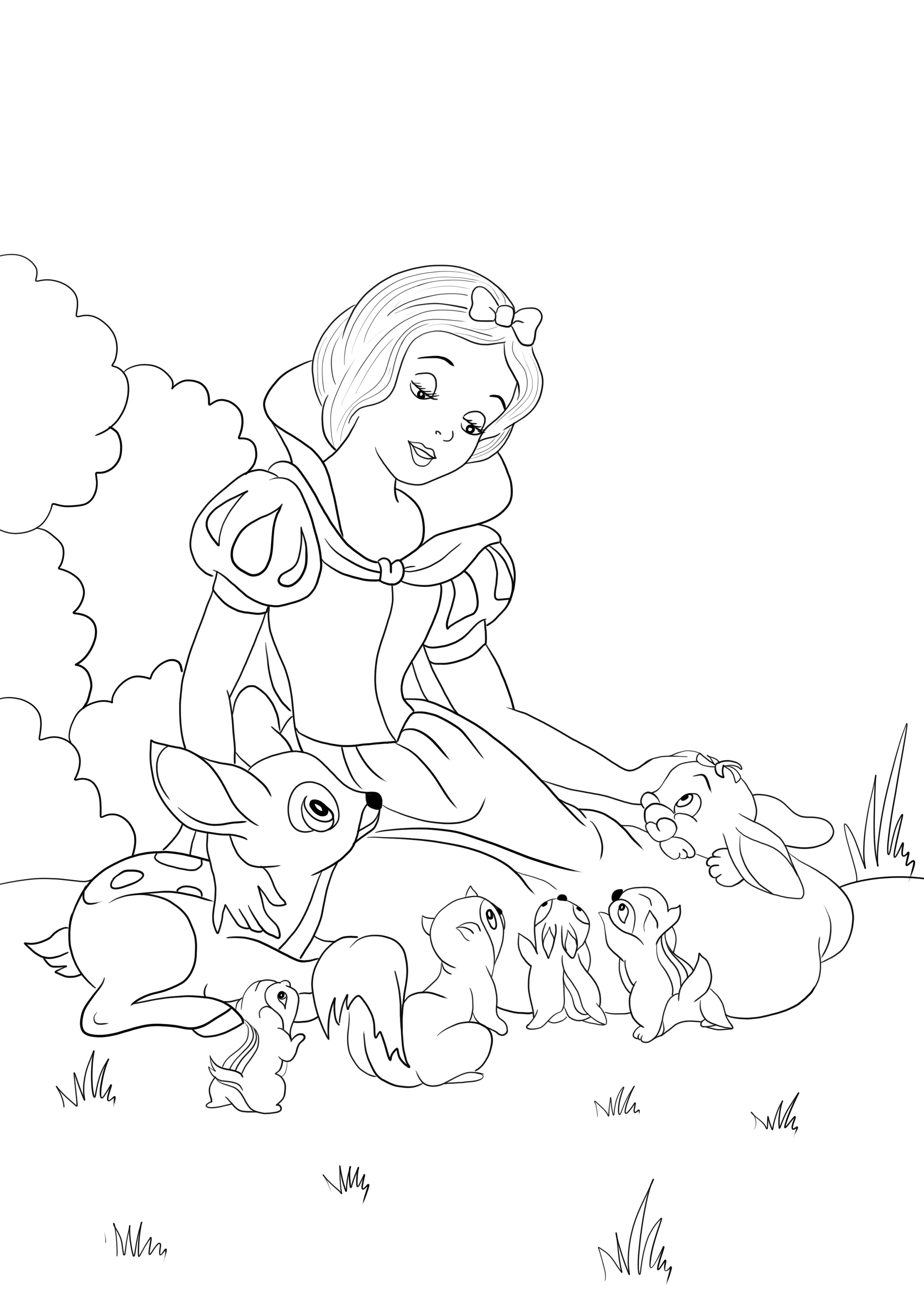 Snow White plays with the forest animals to print for free or save