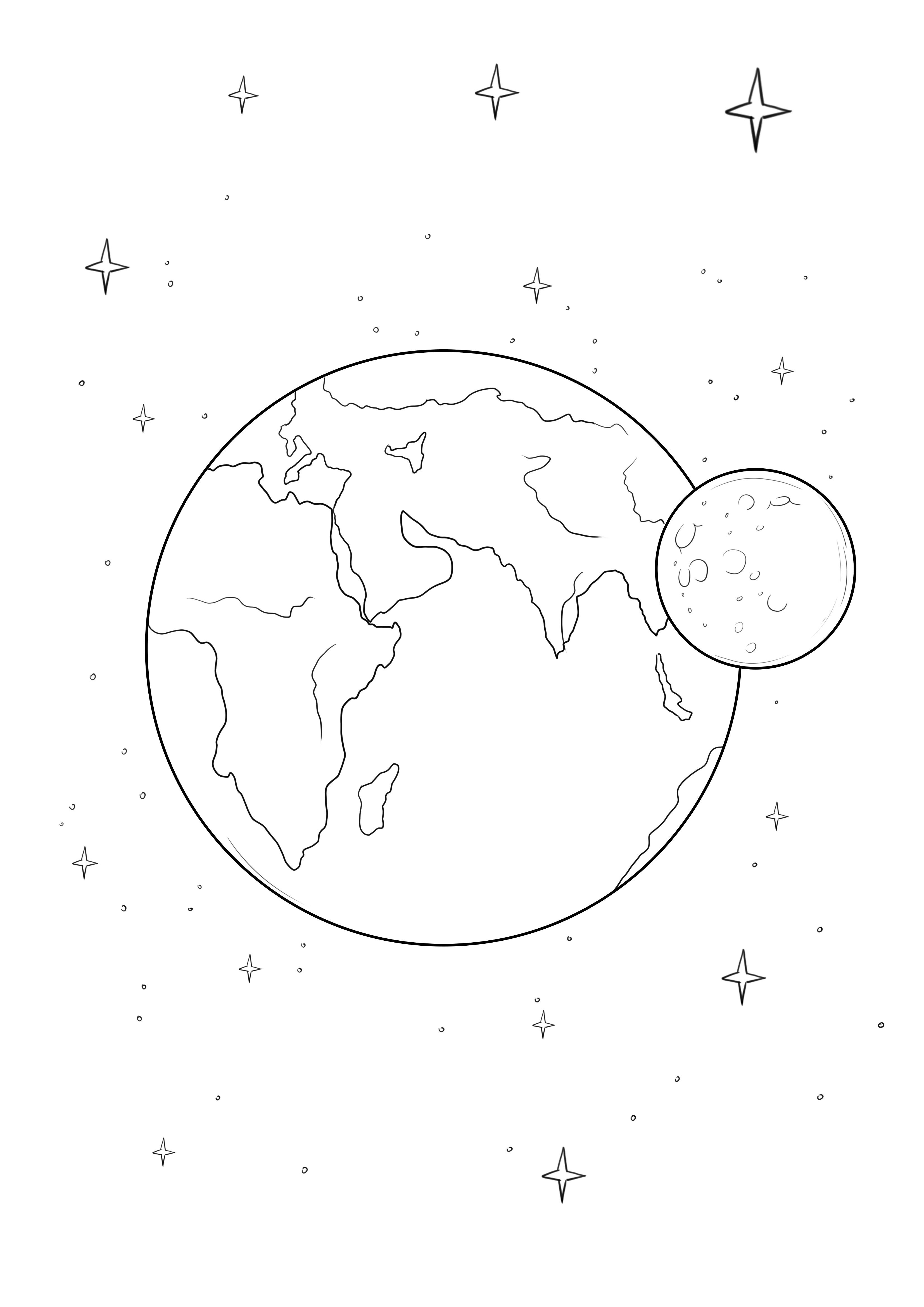 Imagen imprimible gratis de la Tierra y la Luna para colorear fácilmente