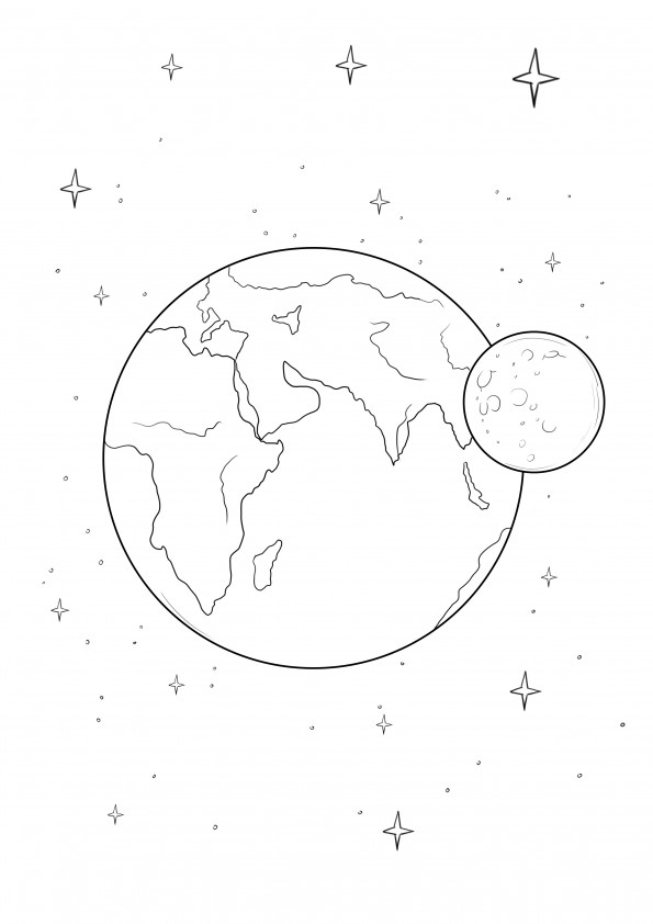 Imagen imprimible gratis de la Tierra y la Luna para colorear fácilmente