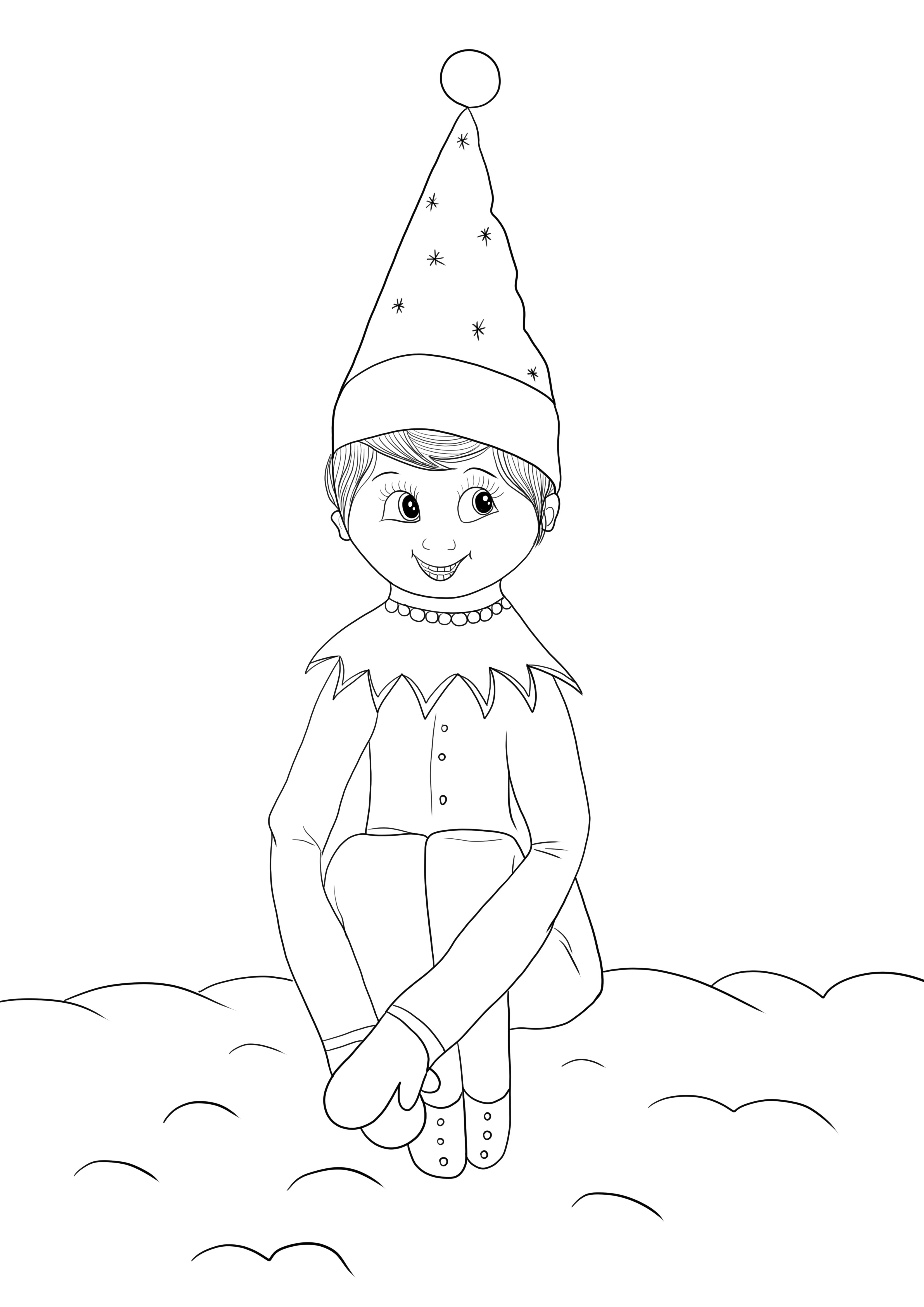 Elf is sitting on the shelf coloring sheet to print and color for free