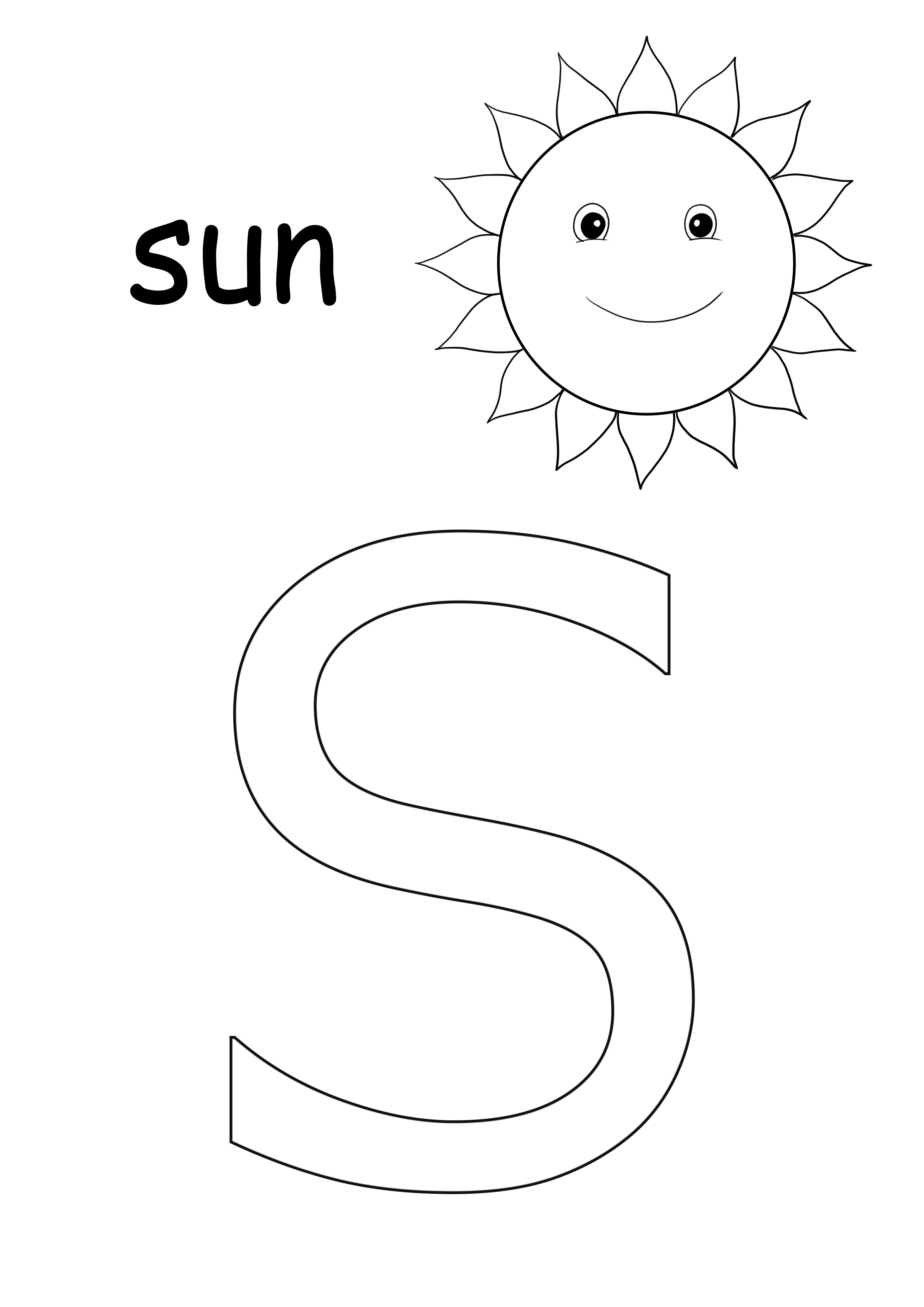 S, ücretsiz ve renkli yazdırmak için güneş boyama sayfası içindir