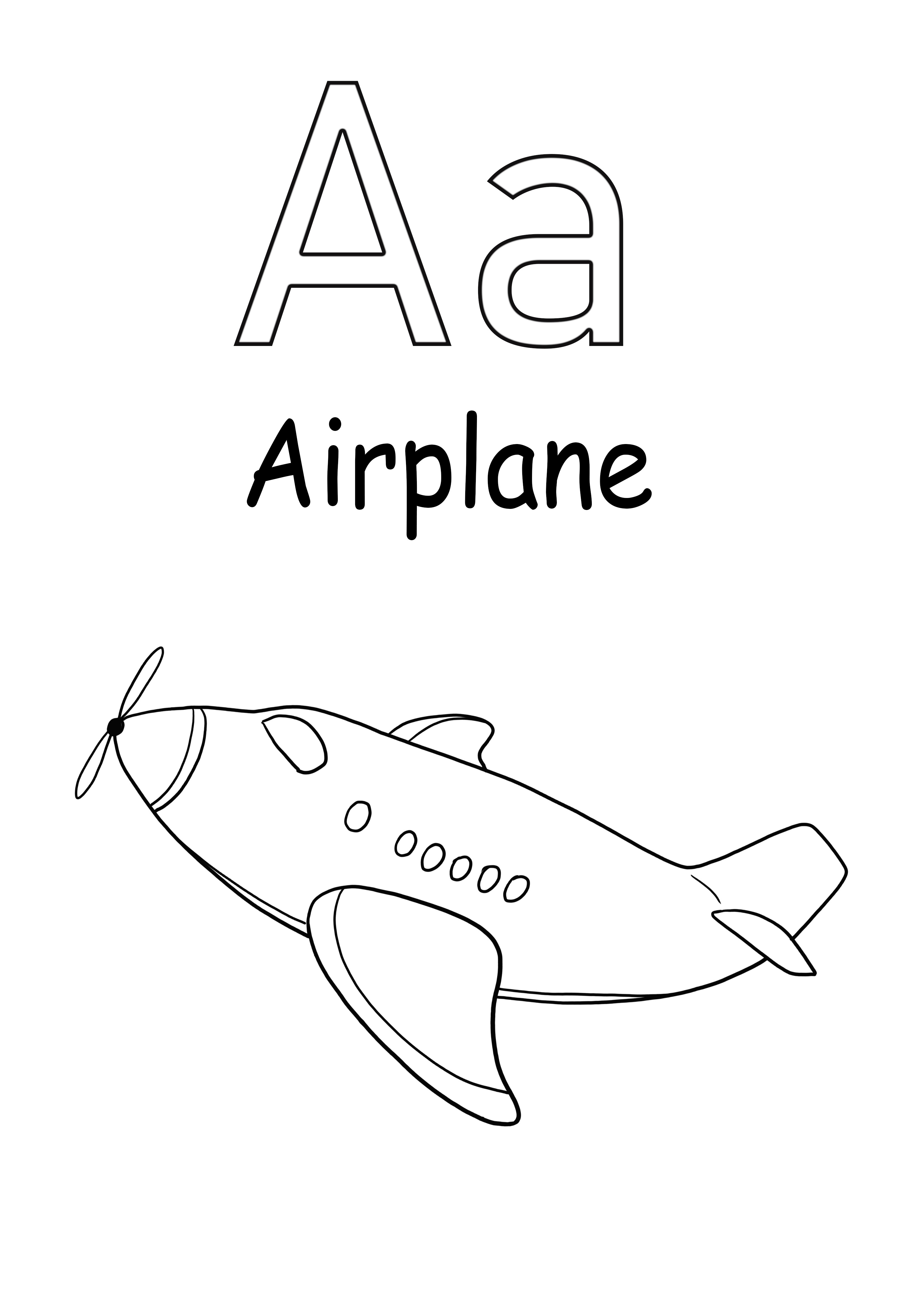A is voor vliegtuig gratis printbaar om in te kleuren voor kinderen kleurplaat