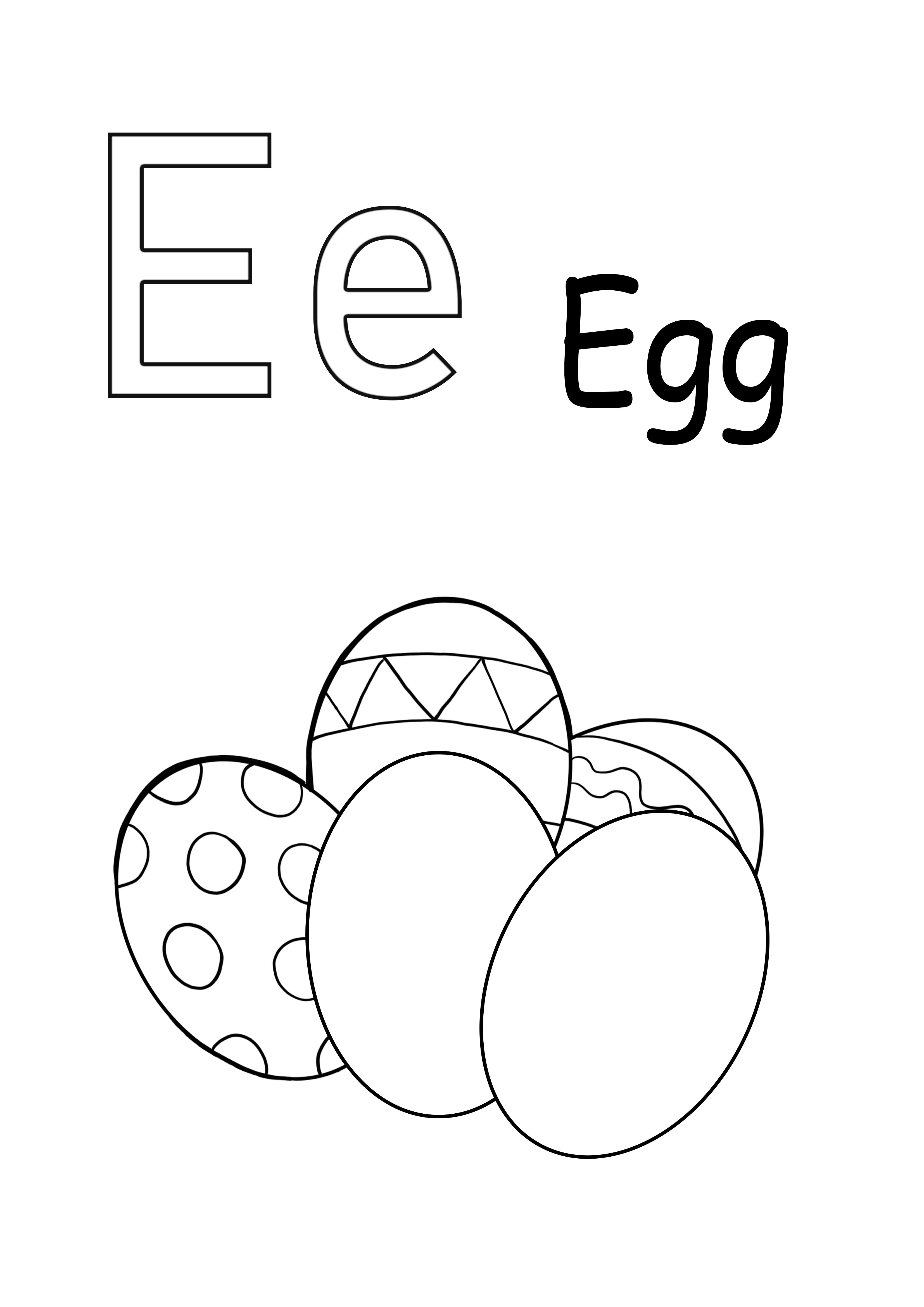 La lettera E è per il foglio stampabile delle uova per una semplice colorazione